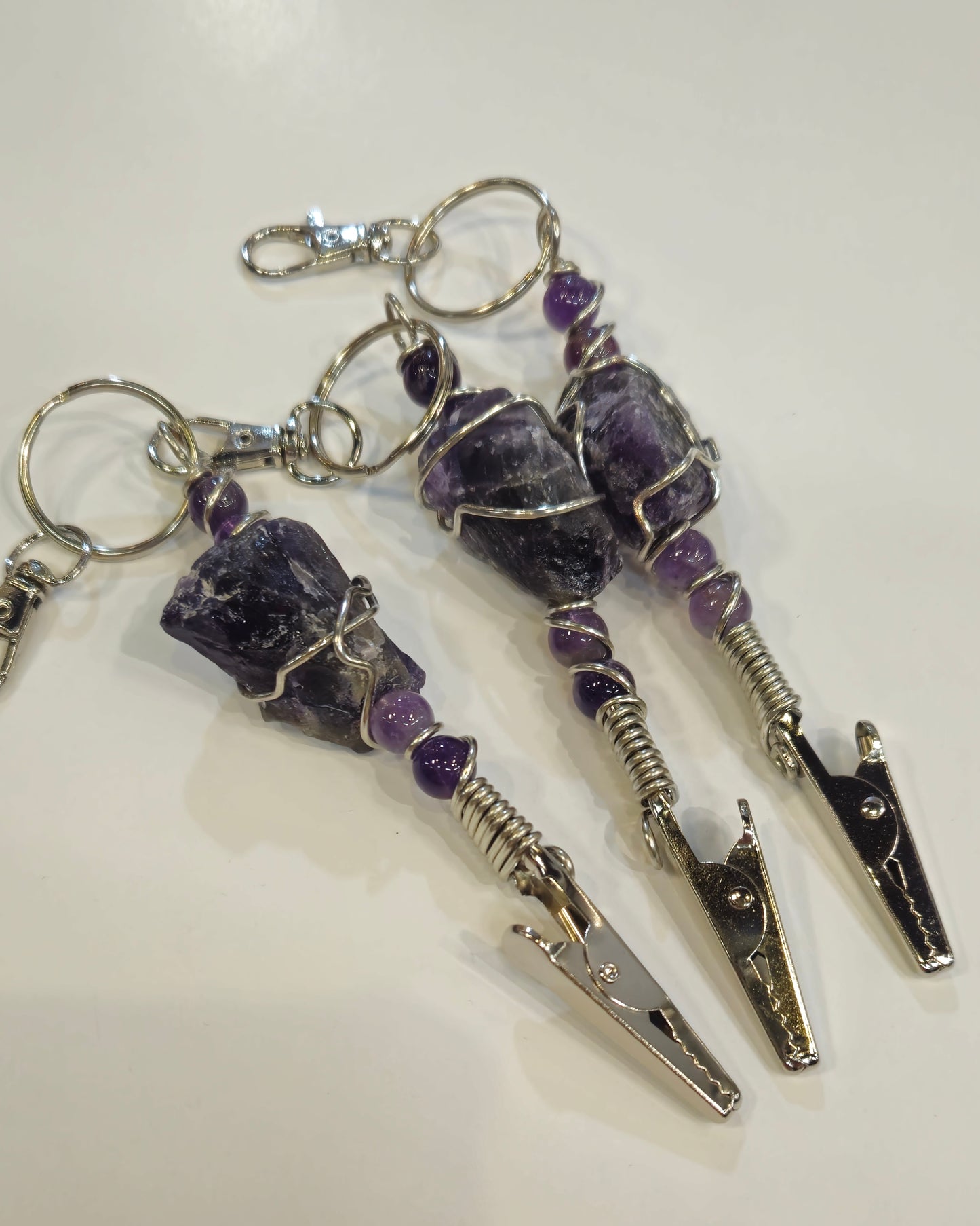Amethyst wire wrapped roach clip with keychain