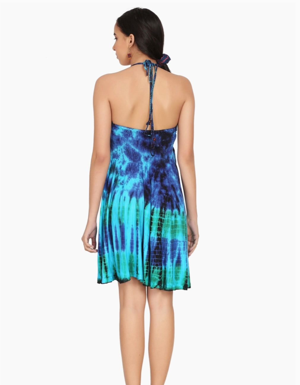 back of tie dye halter dress in blue and green