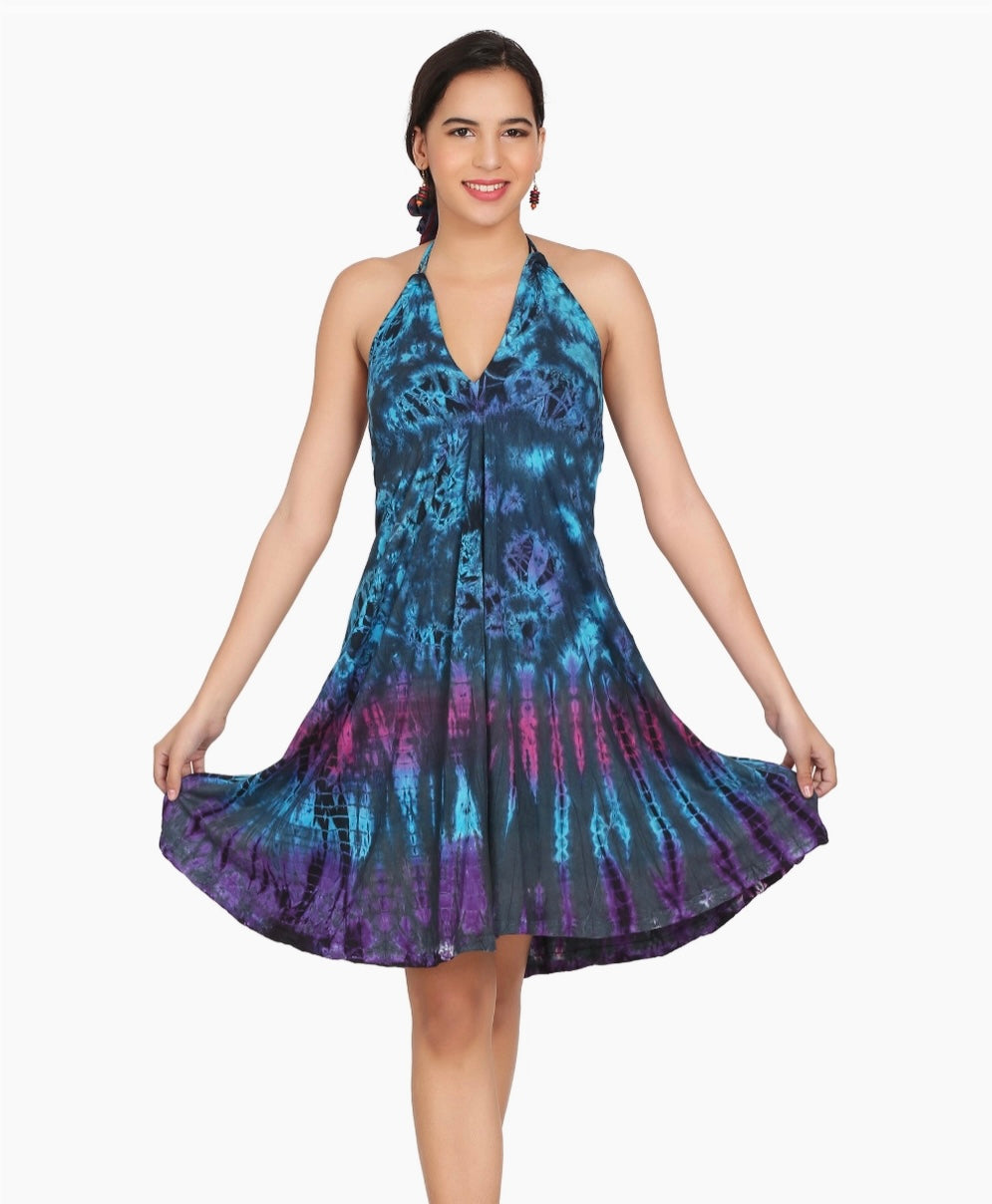 tie dye halter dress in blue and purple