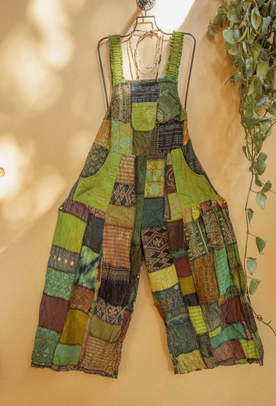 plus size wide leg patchwork overalls green