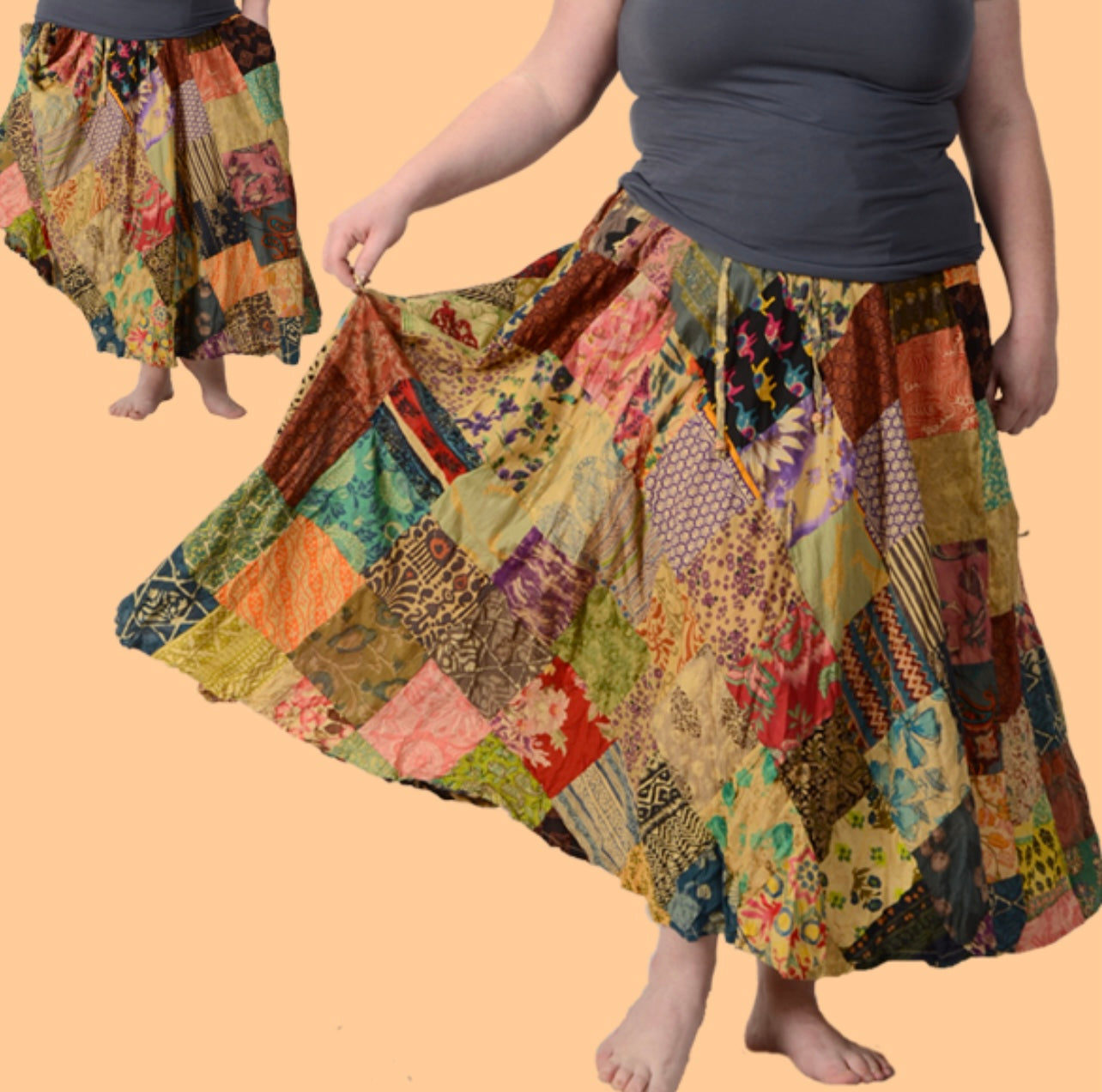 Plus Size Diamond Patchwork Skirt with Button Loops