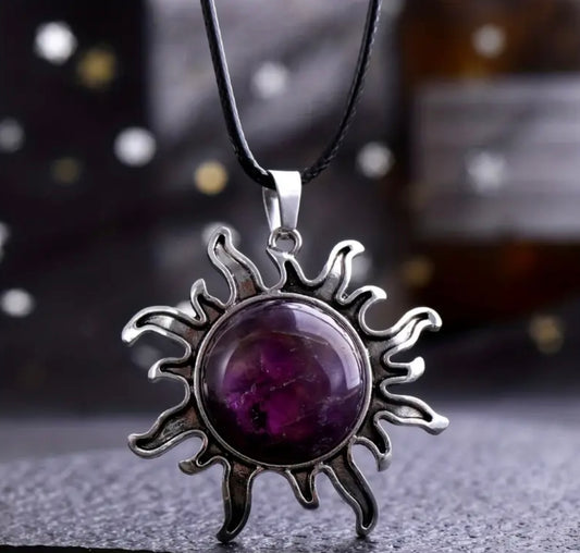amethyst sun necklace on black cord