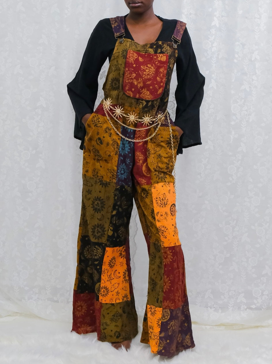 celestial patchwork overalls multi color