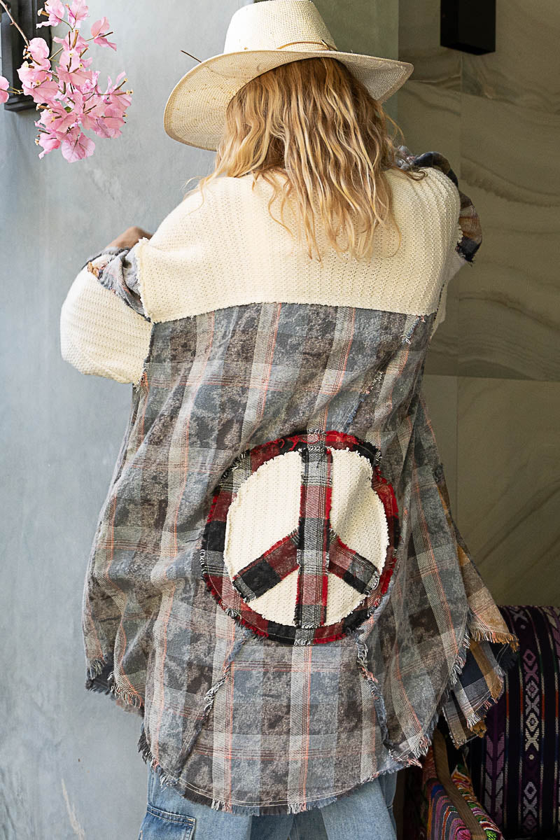 oversized button down flannel hippie shirt with peace signs back view