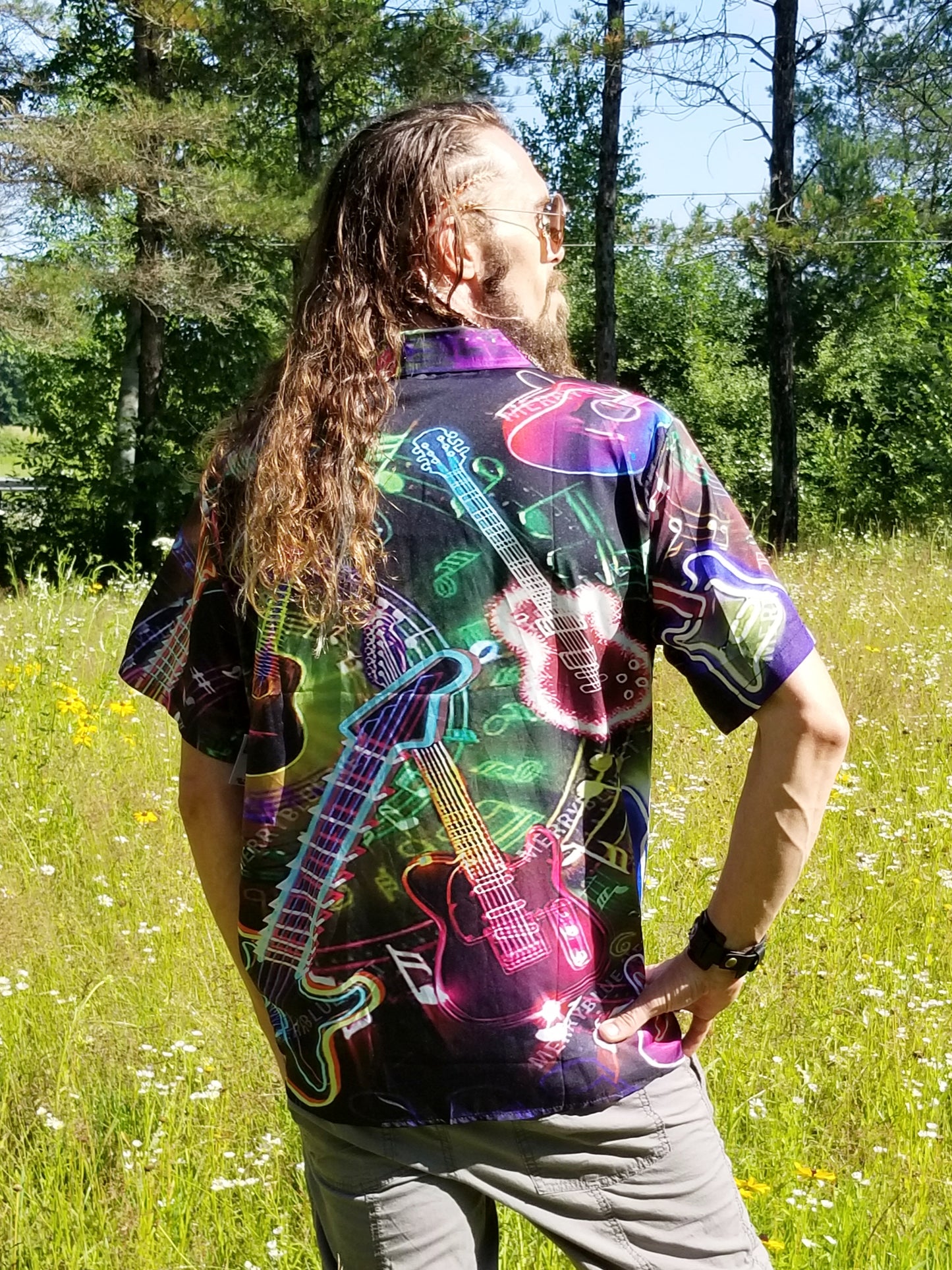back of mens button up guitar shirt at the boho hippie hut midland michigan
