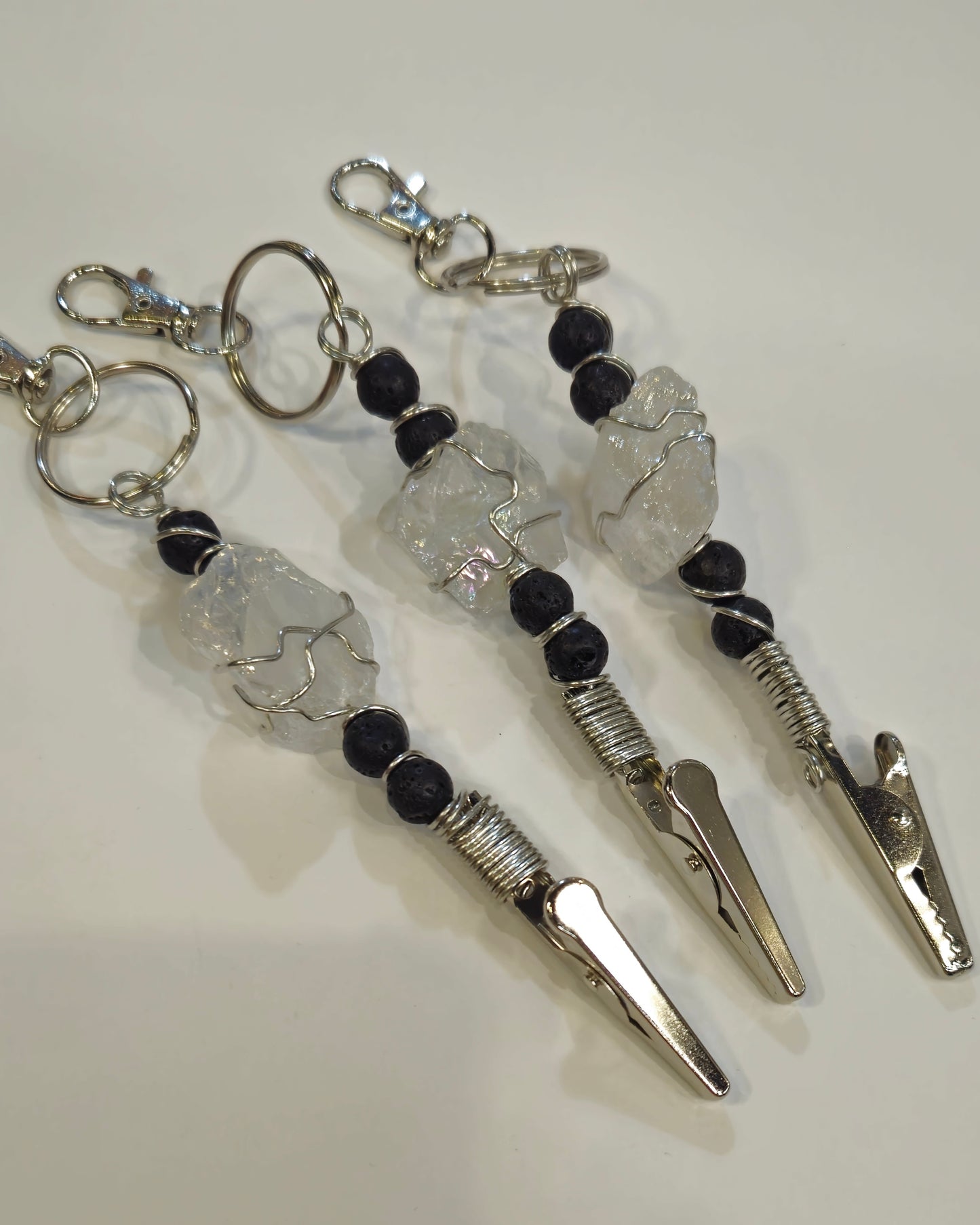 Quartz and black lava wire wrapped roach clip with keychain