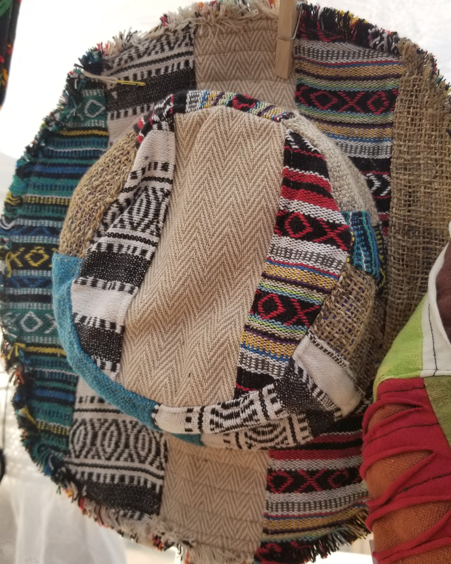 hemp and cotton wired brim patchwork hippie hats for men and women with fringe