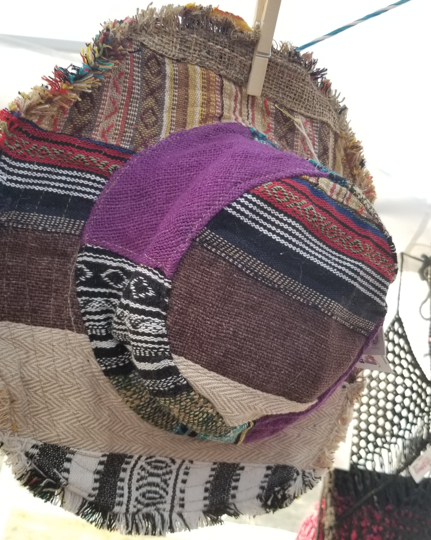 hemp and cotton wired brim patchwork hippie hat with fringe