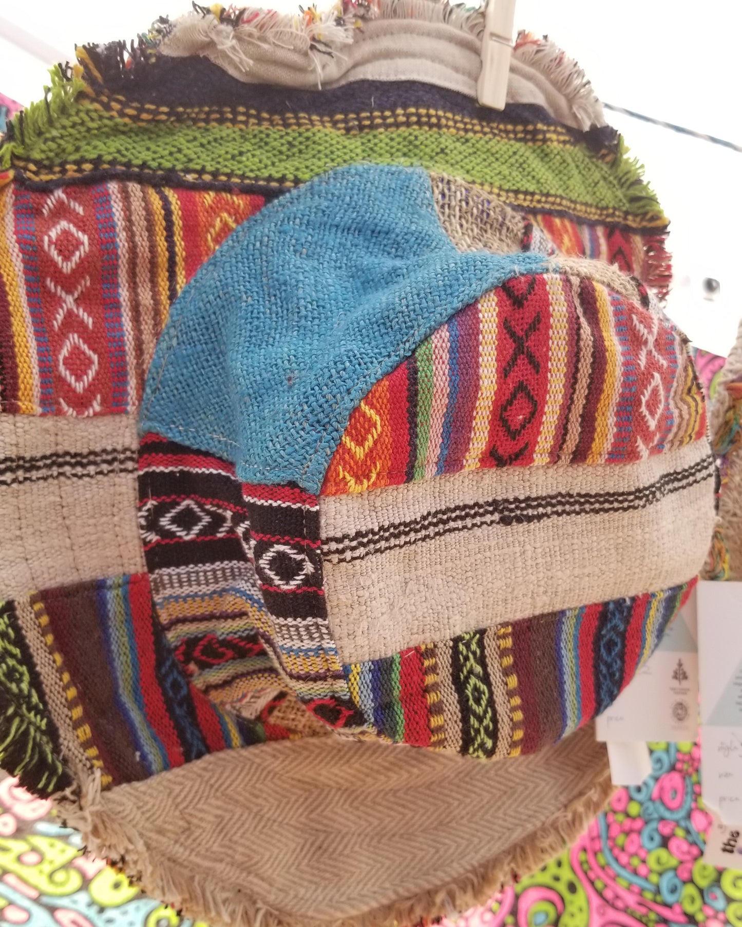 hemp and cotton wired brim patchwork boho hat with fringe