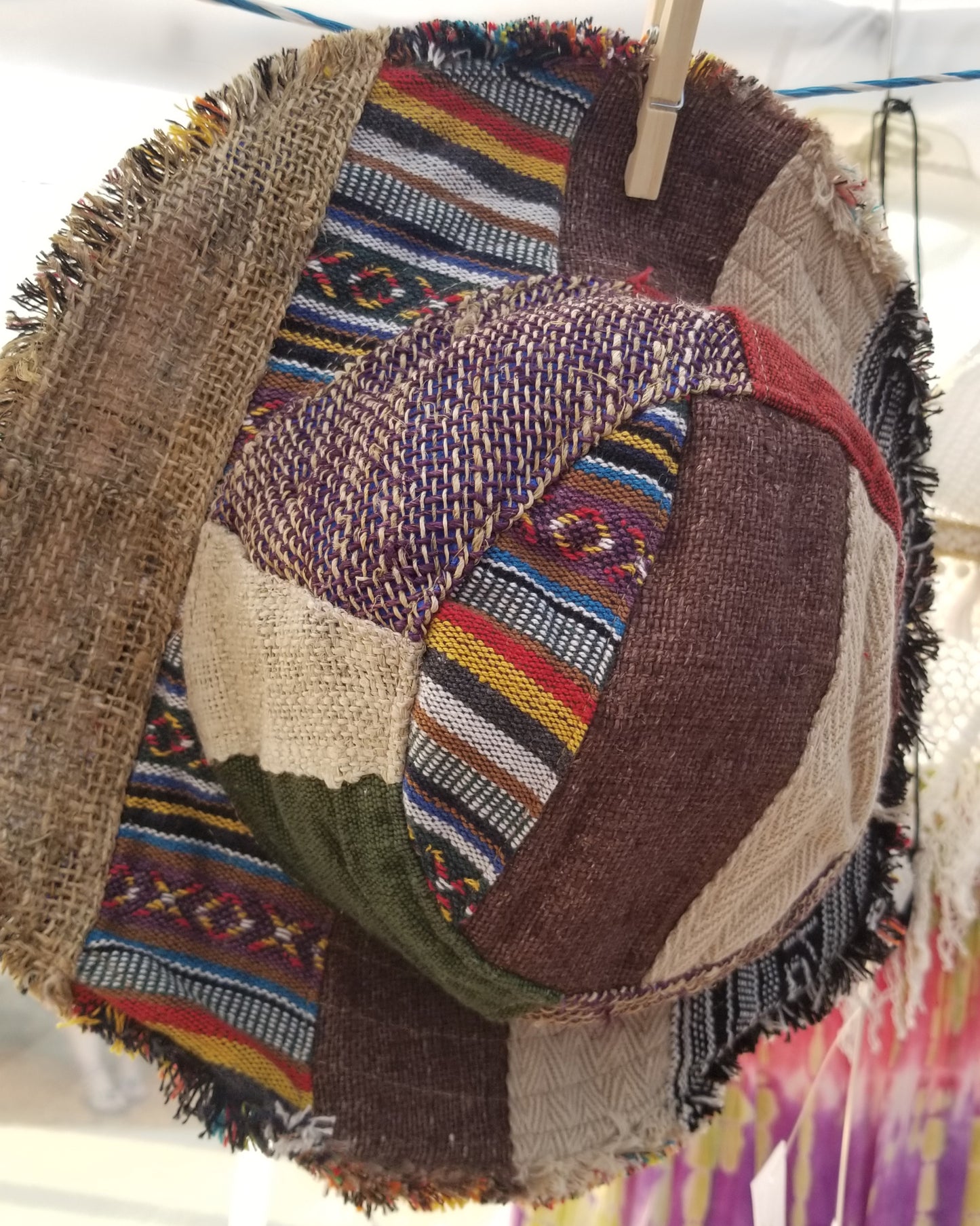hemp and cotton wired brim patchwork boho hippie hat with fringe