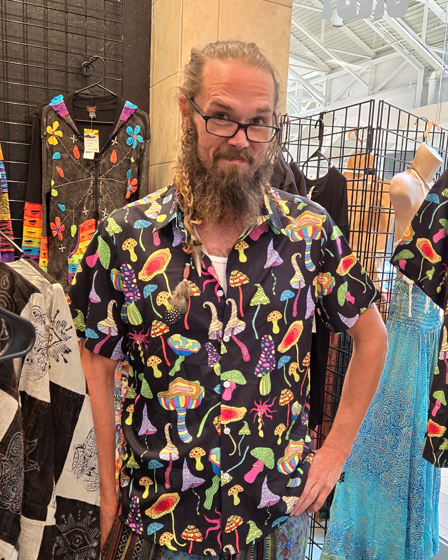black button up mushroom shirt size large front