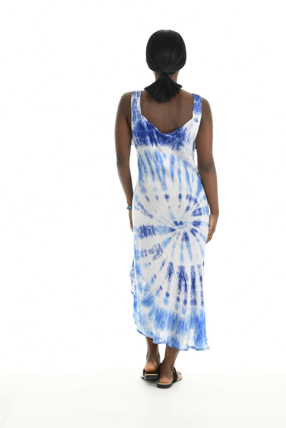 back of blue tank style tie dye dress with embroidery