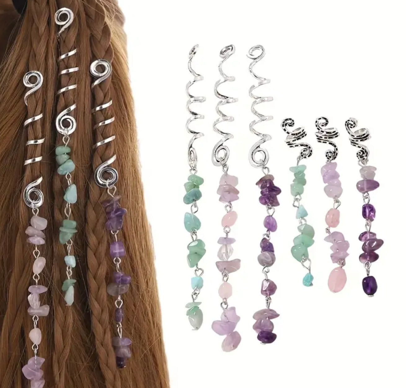 braid dread hair charms in green aventurine amethyst or rose quartz