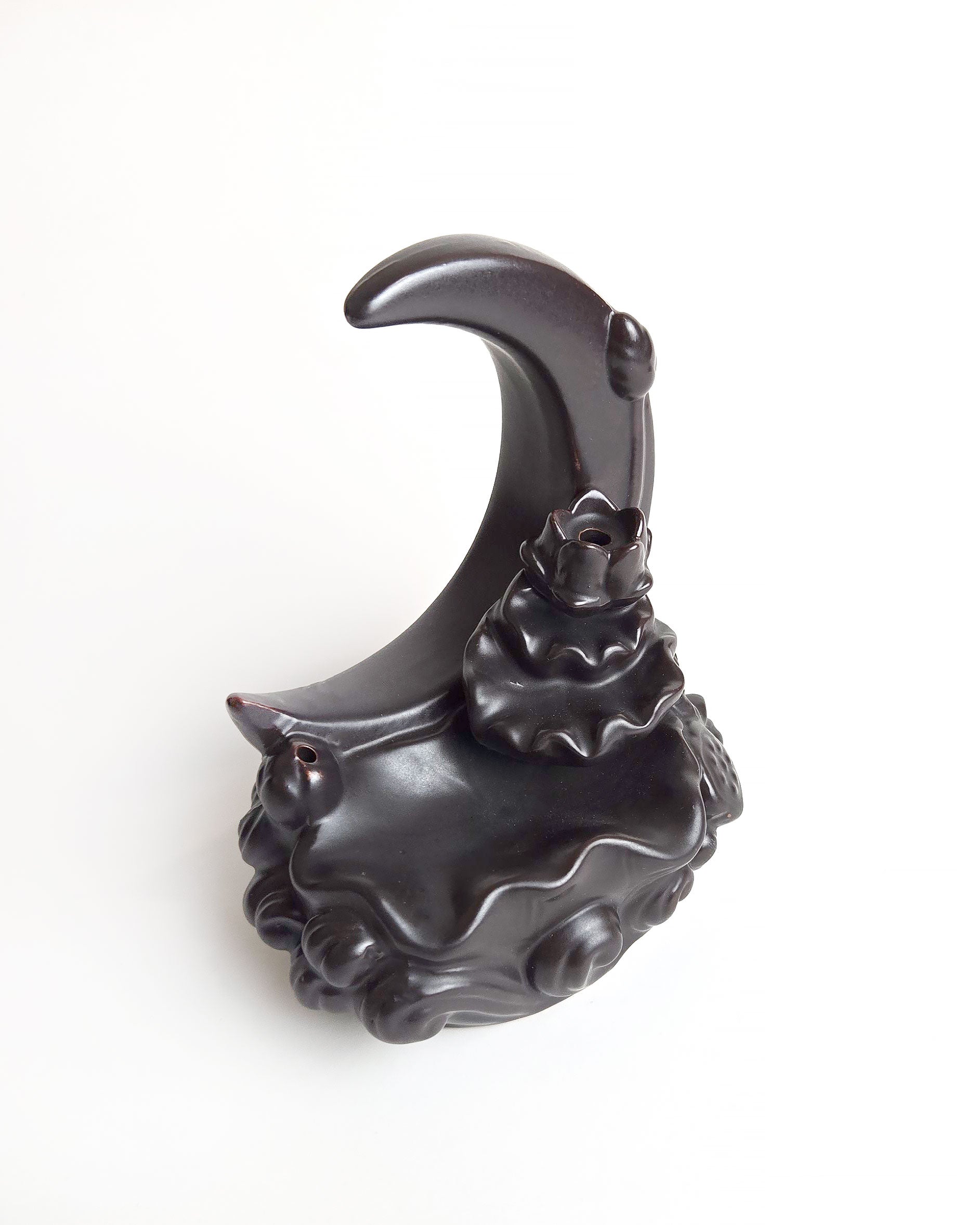 crescent moon backflow incense burner brown side