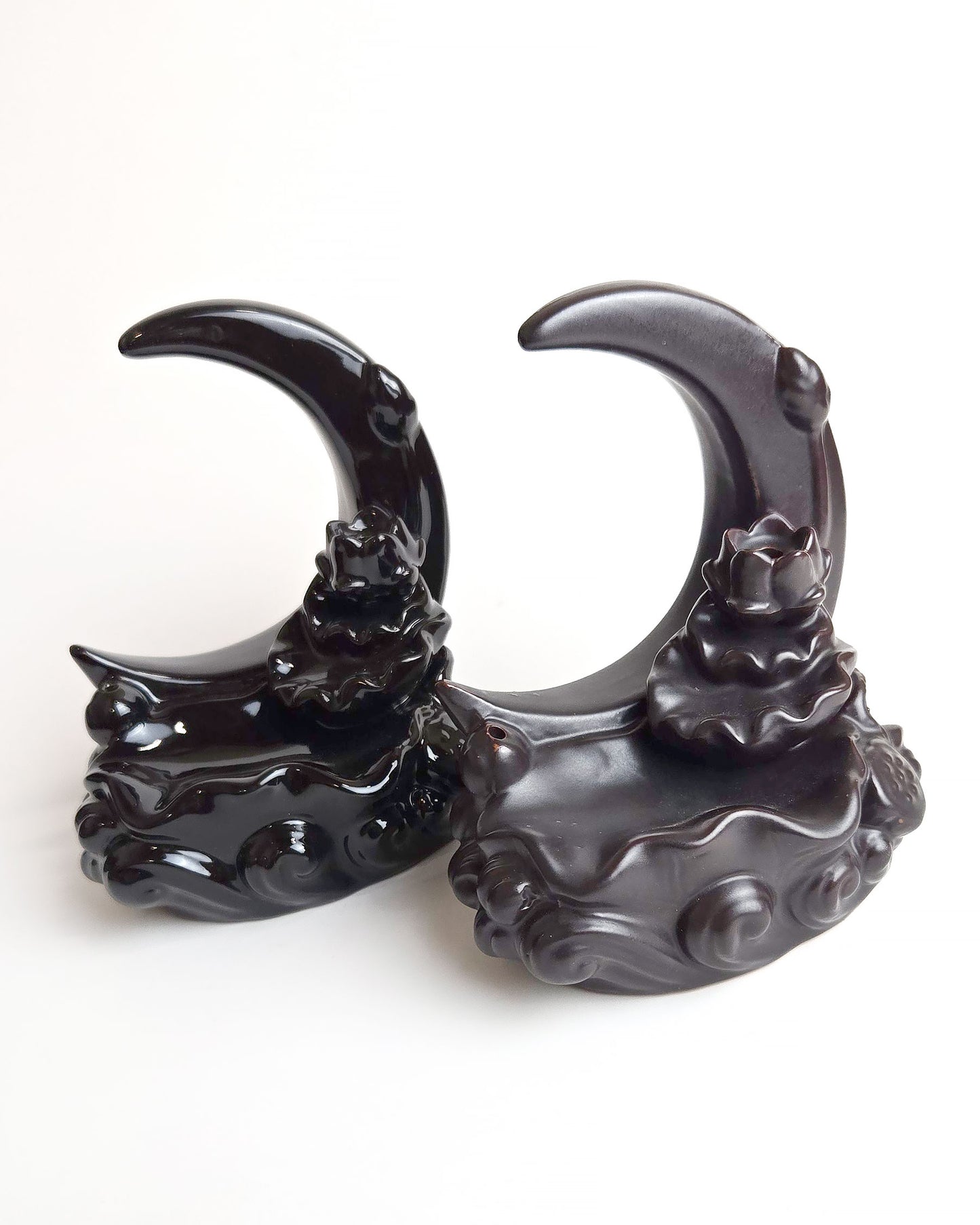 crescent moon backflow incense burners front black and brown