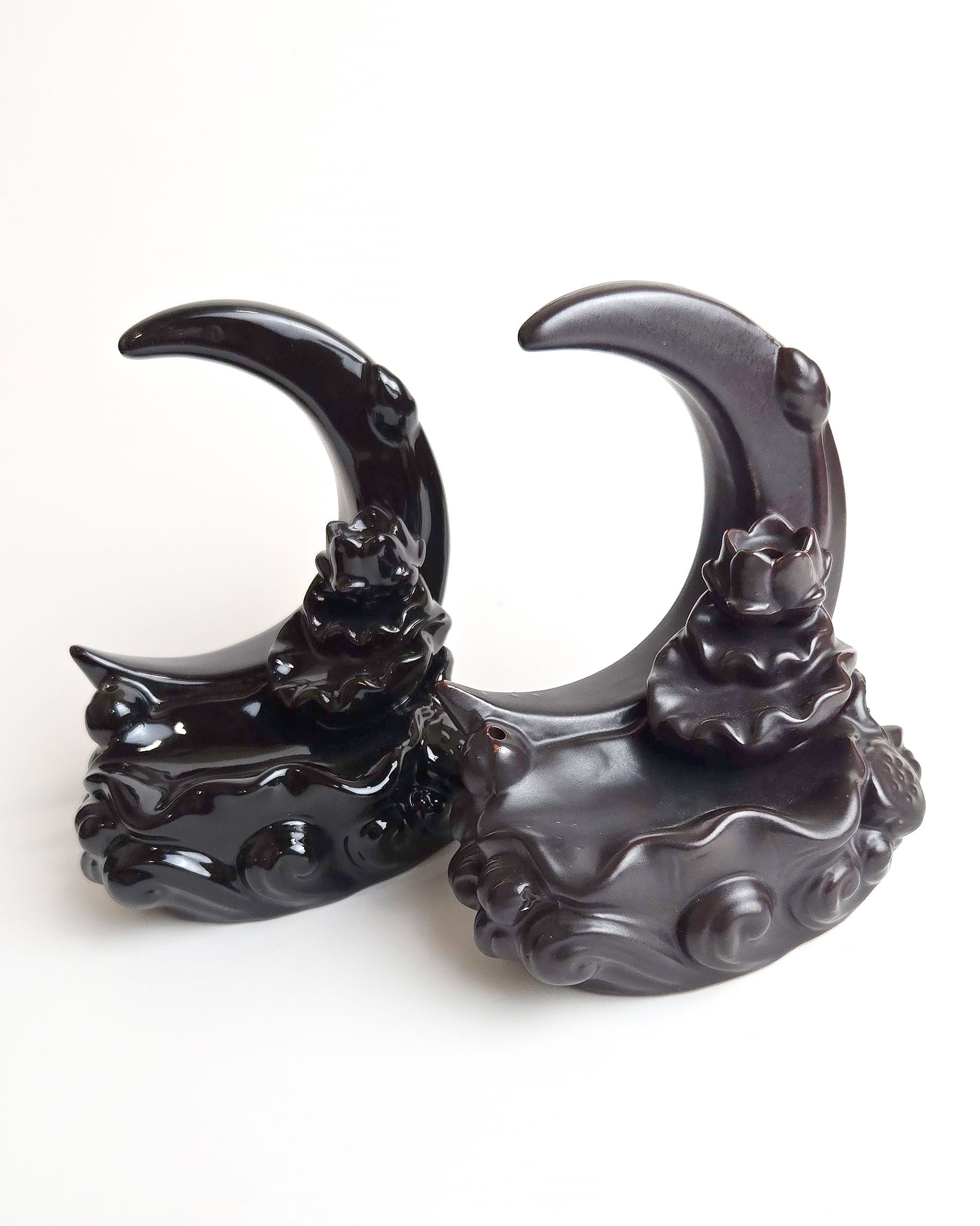 crescent moon backflow incense burners front black and brown