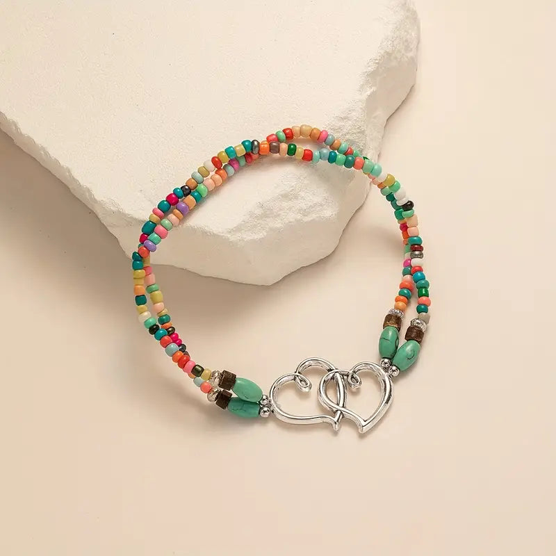 double heart stretch anklet with multi color beads