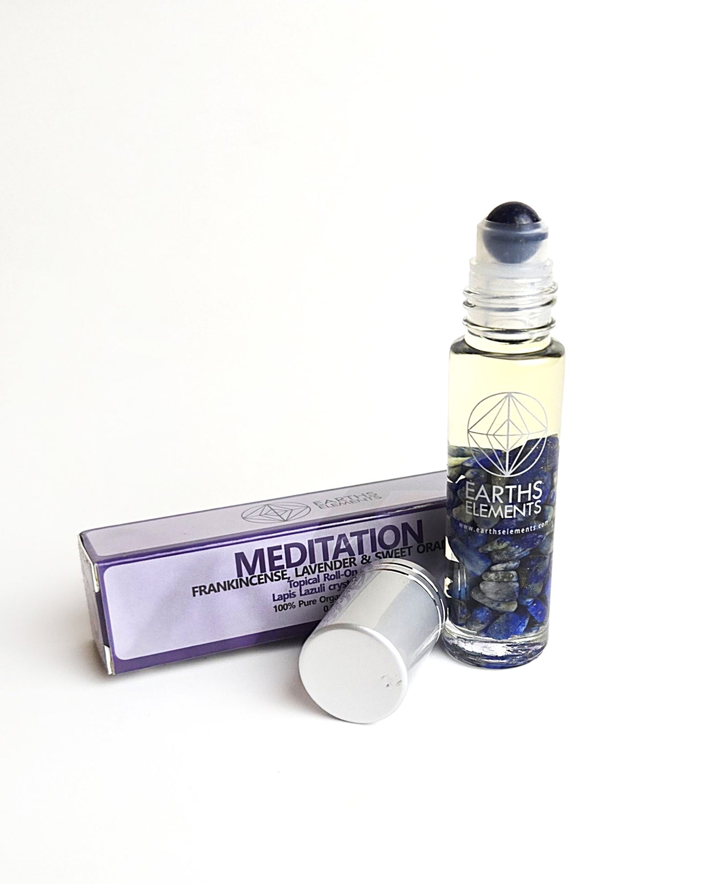 organic essential oil blend roll on of frankincense lavender and sweet orange with lapis lazuli crystals showing lapis roller ball