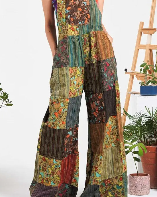Mushroom Patterned Patchwork Overalls