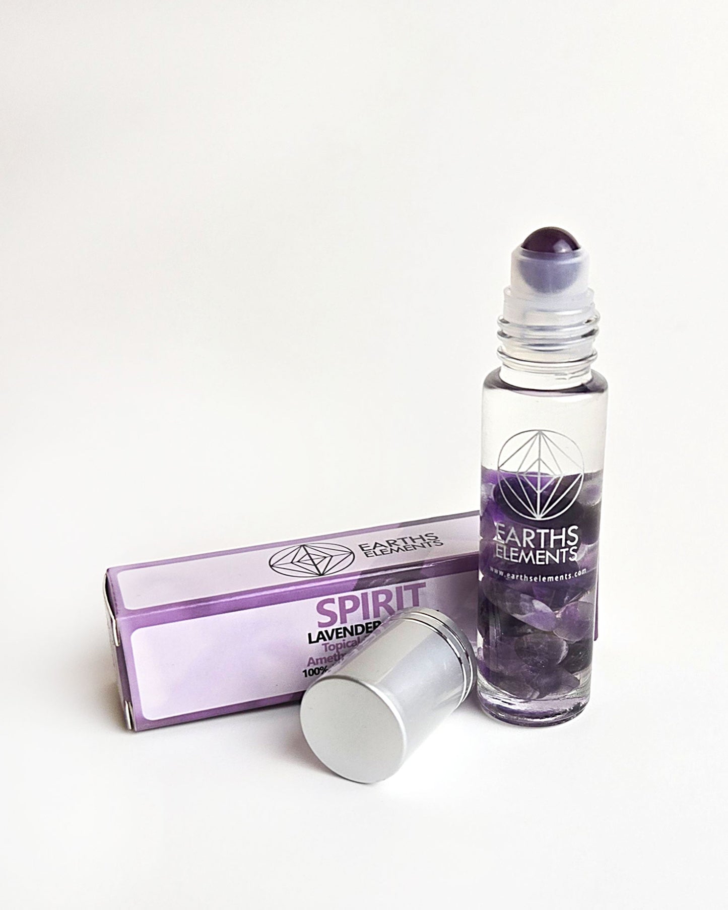 organic essential oil blend roll on of lavender and sage with amethyst crystals showing amethyst roller ball