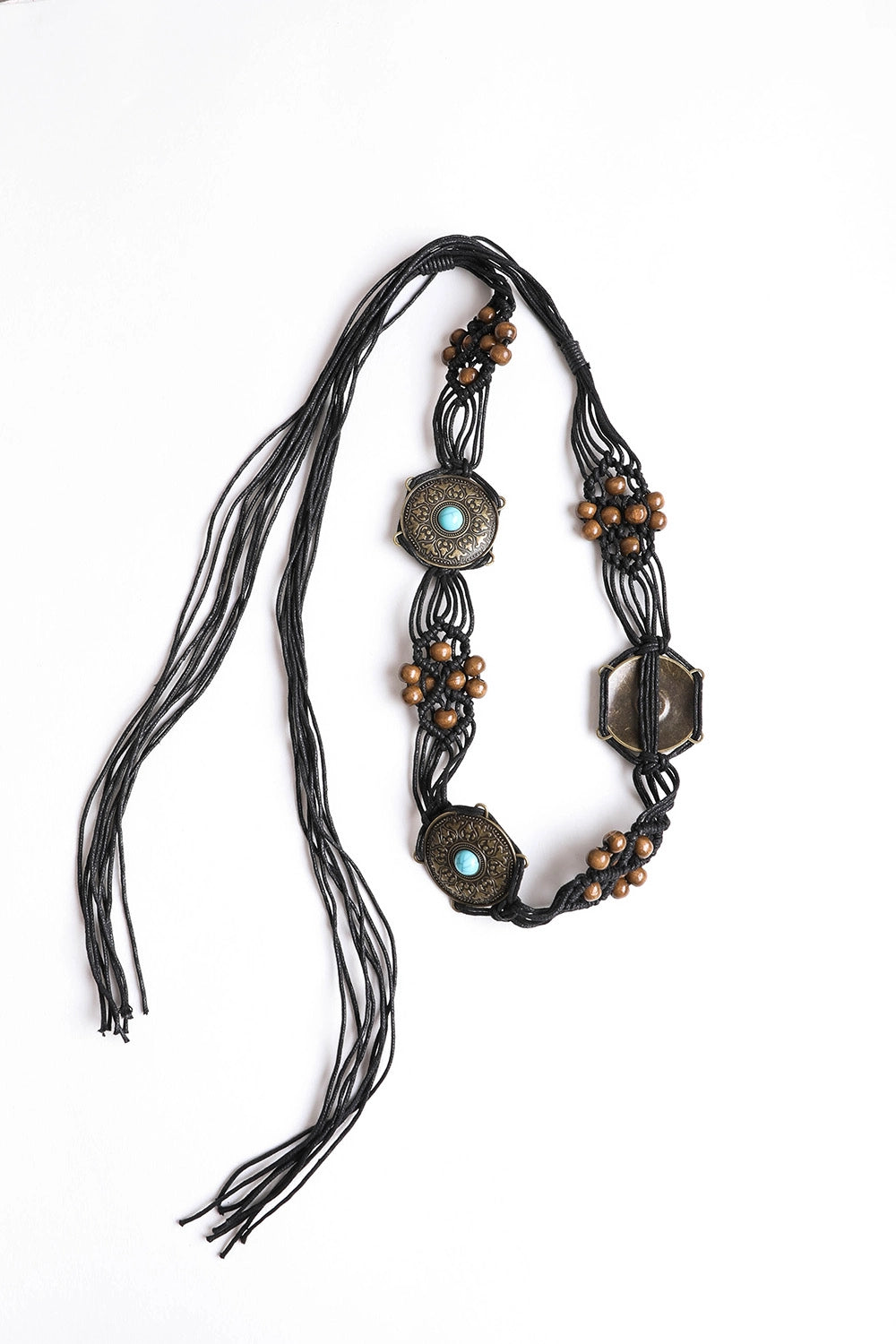 boho hippie macrame belt with medallion in black