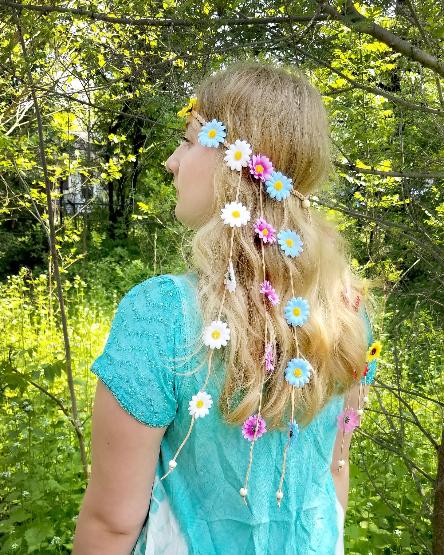 left side multi colored flower daisy festival headband at the boho hippie hut