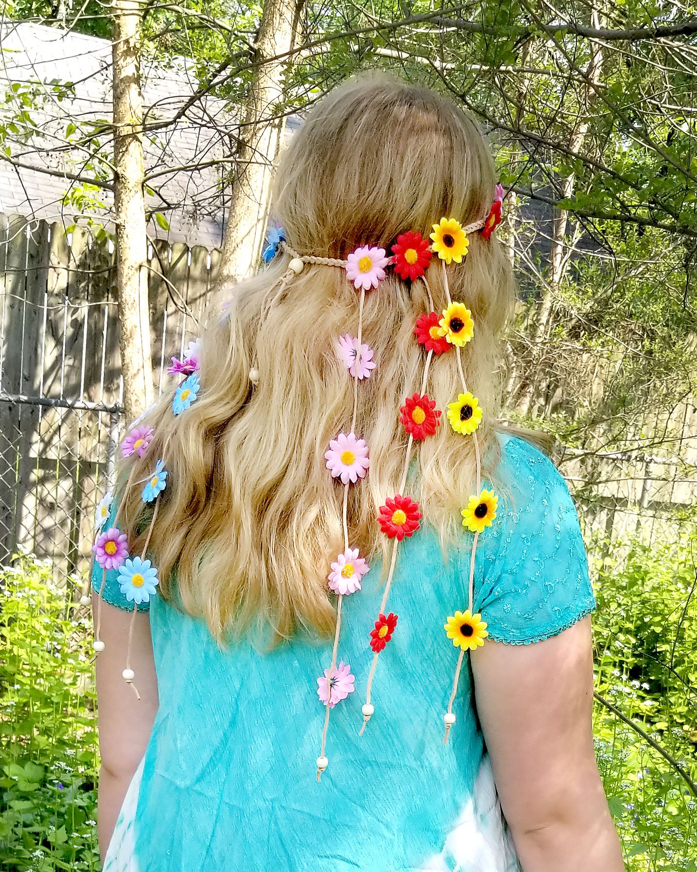 right side multi colored flower daisy festival headband at the boho hippie hut