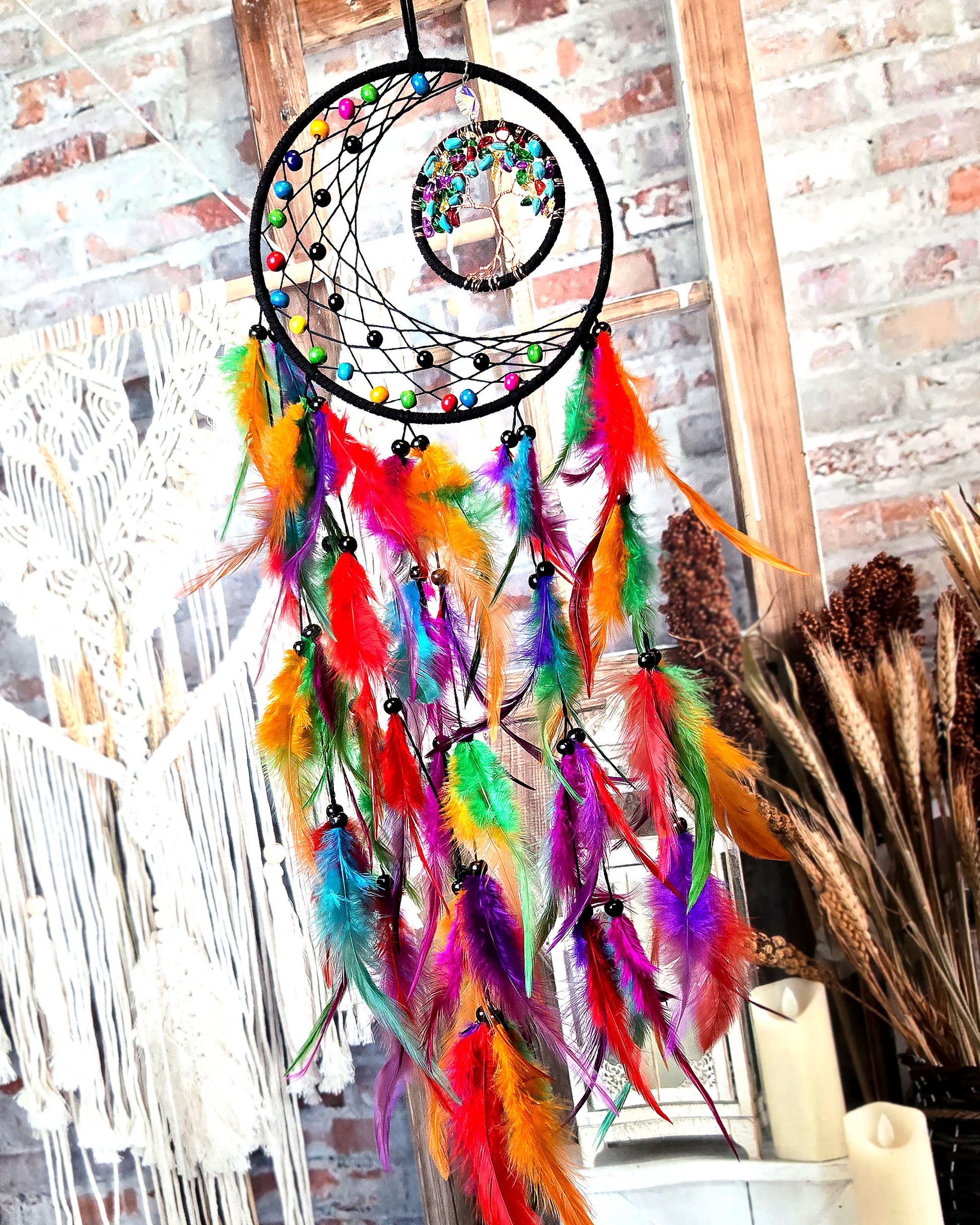 multi color tree of life dream catcher  boho hippie home decor