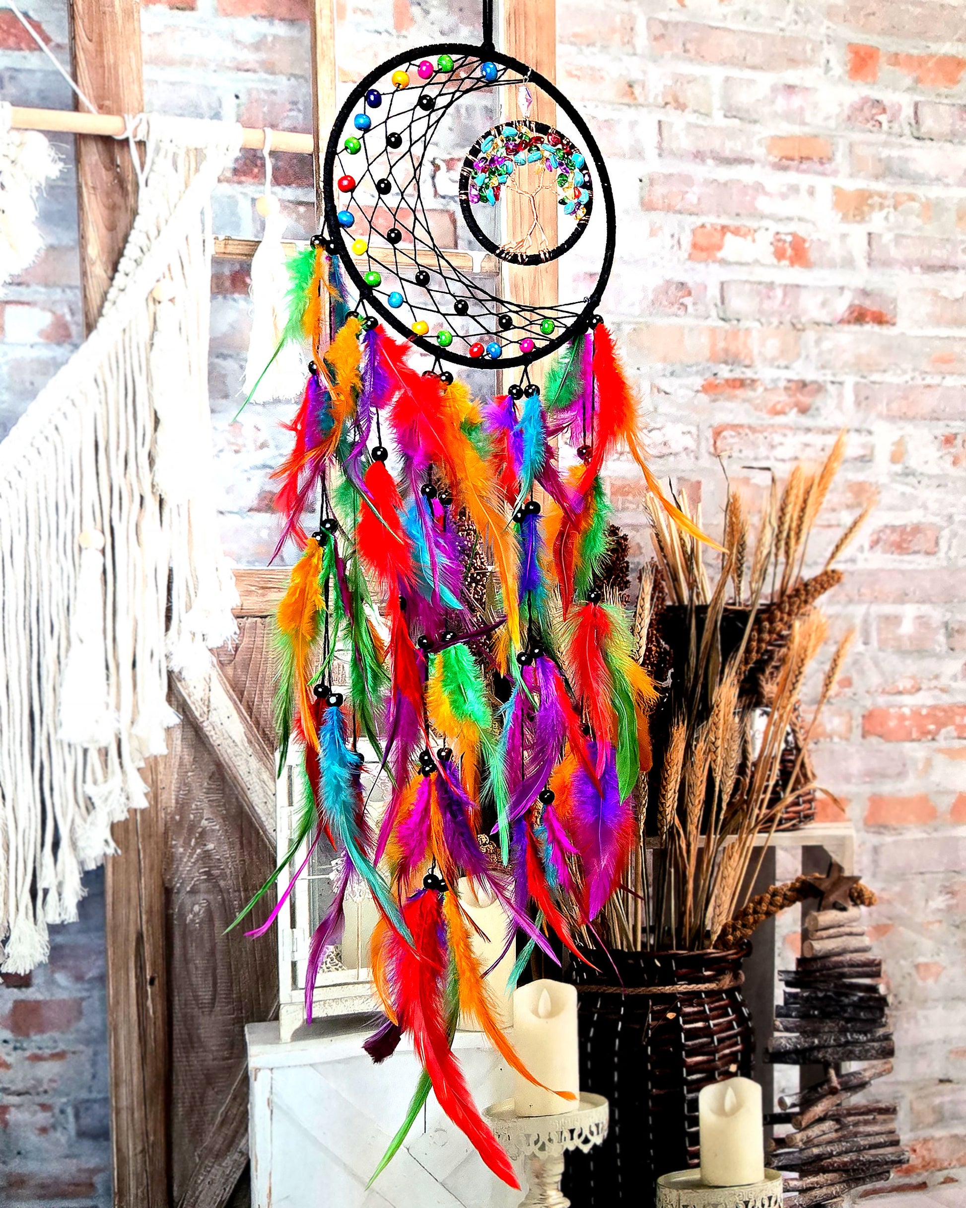 hippie home décor multi color tree of life dream catcher with feathers