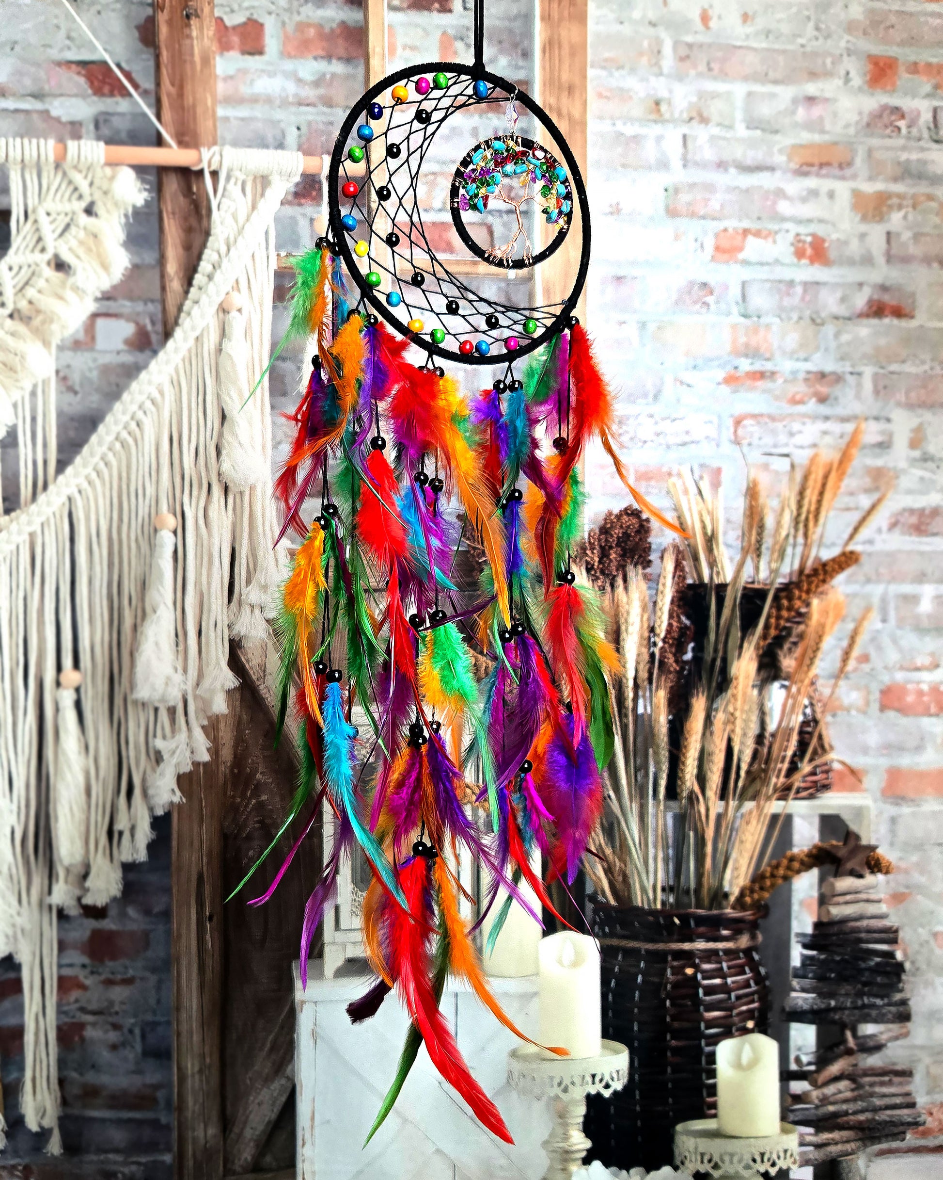 boho hippie home décor multi color tree of life dream catcher with feathers