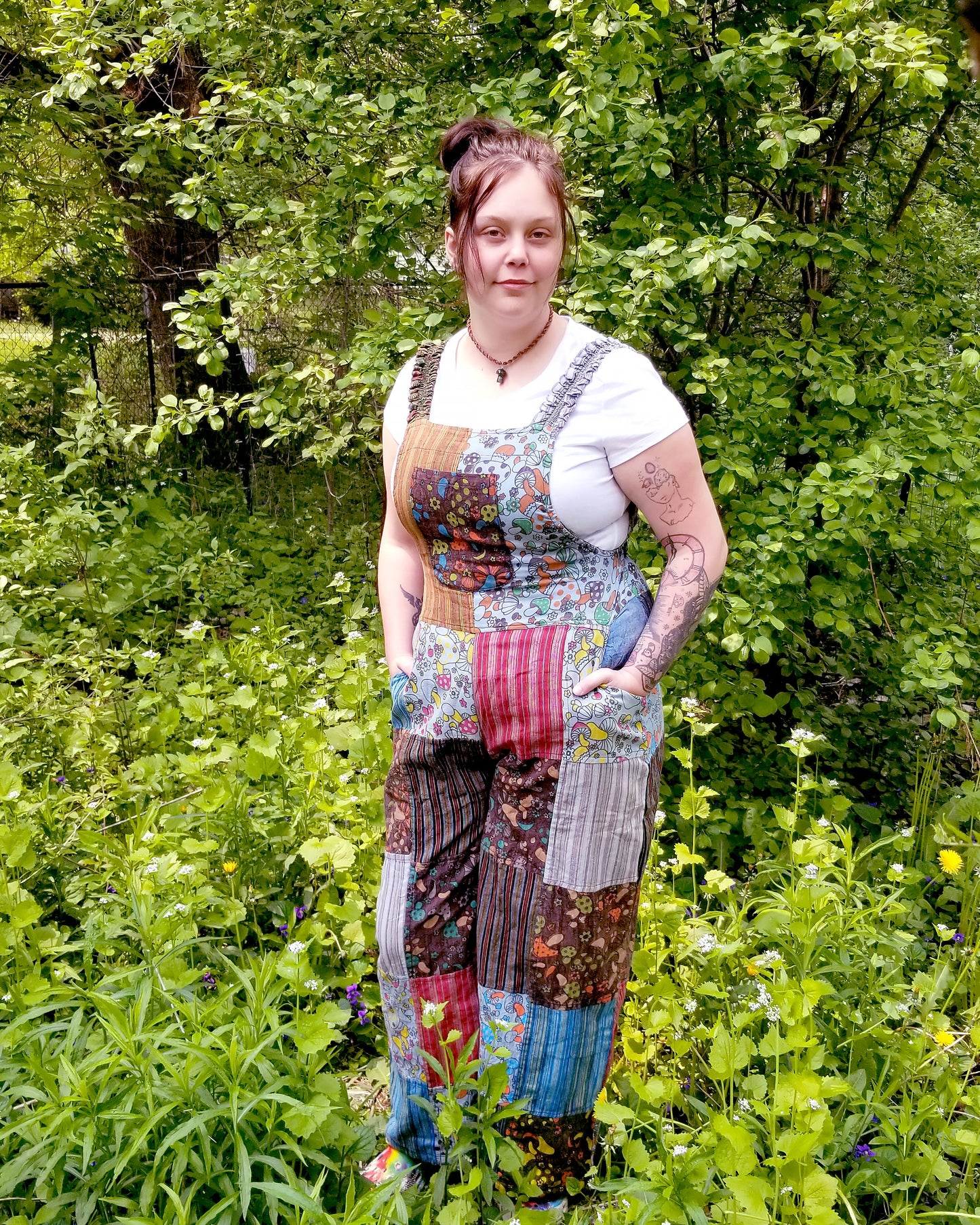 mushroom patterned boho jumpsuit patchwork overalls at the boho hippie hut