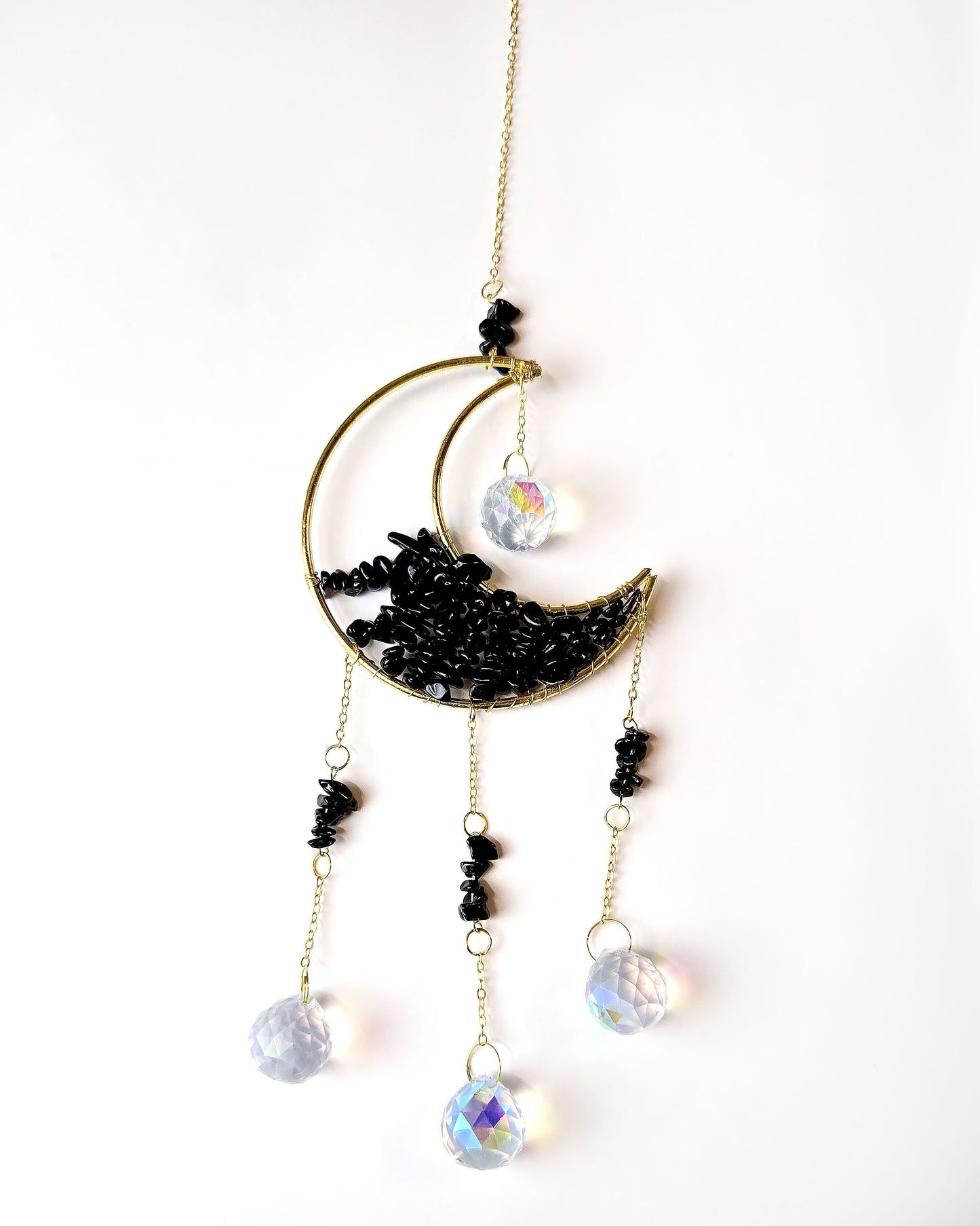 obsidian crescent moon crystal suncatcher for boho hippie home décor