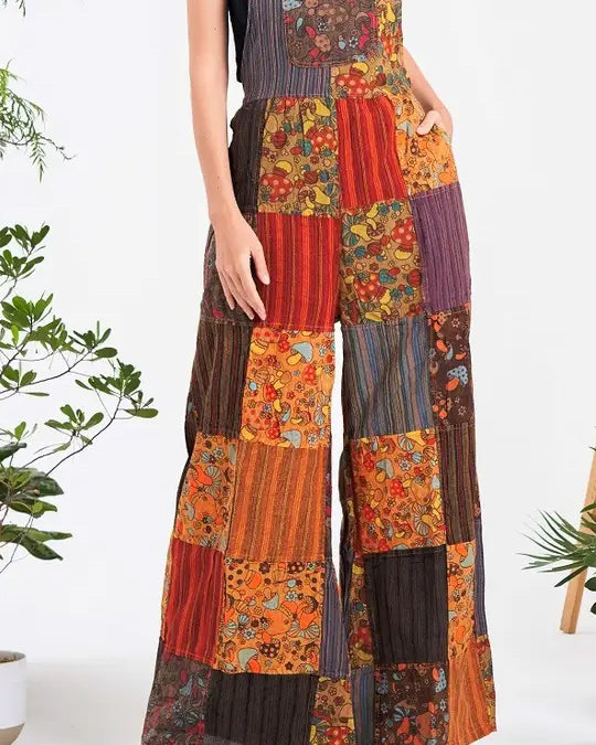 Mushroom Patterned Patchwork Overalls