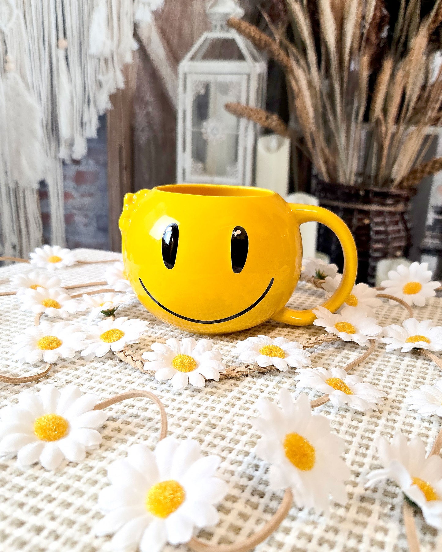 yellow smile face coffee mug front