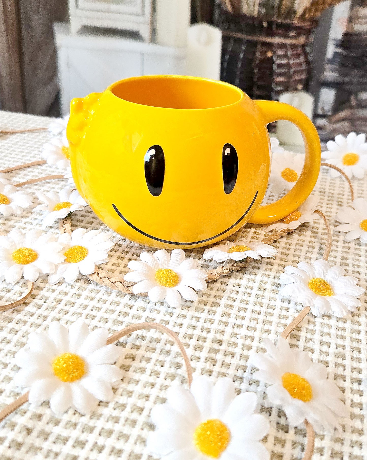 yellow smile face hippie coffee mug