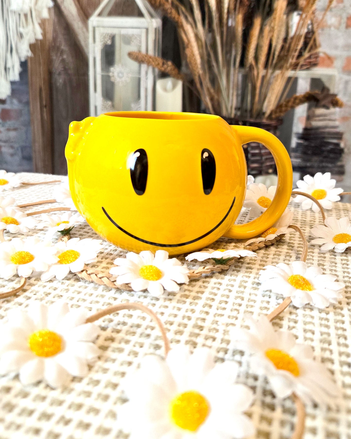 yellow smile face hippie coffee mug