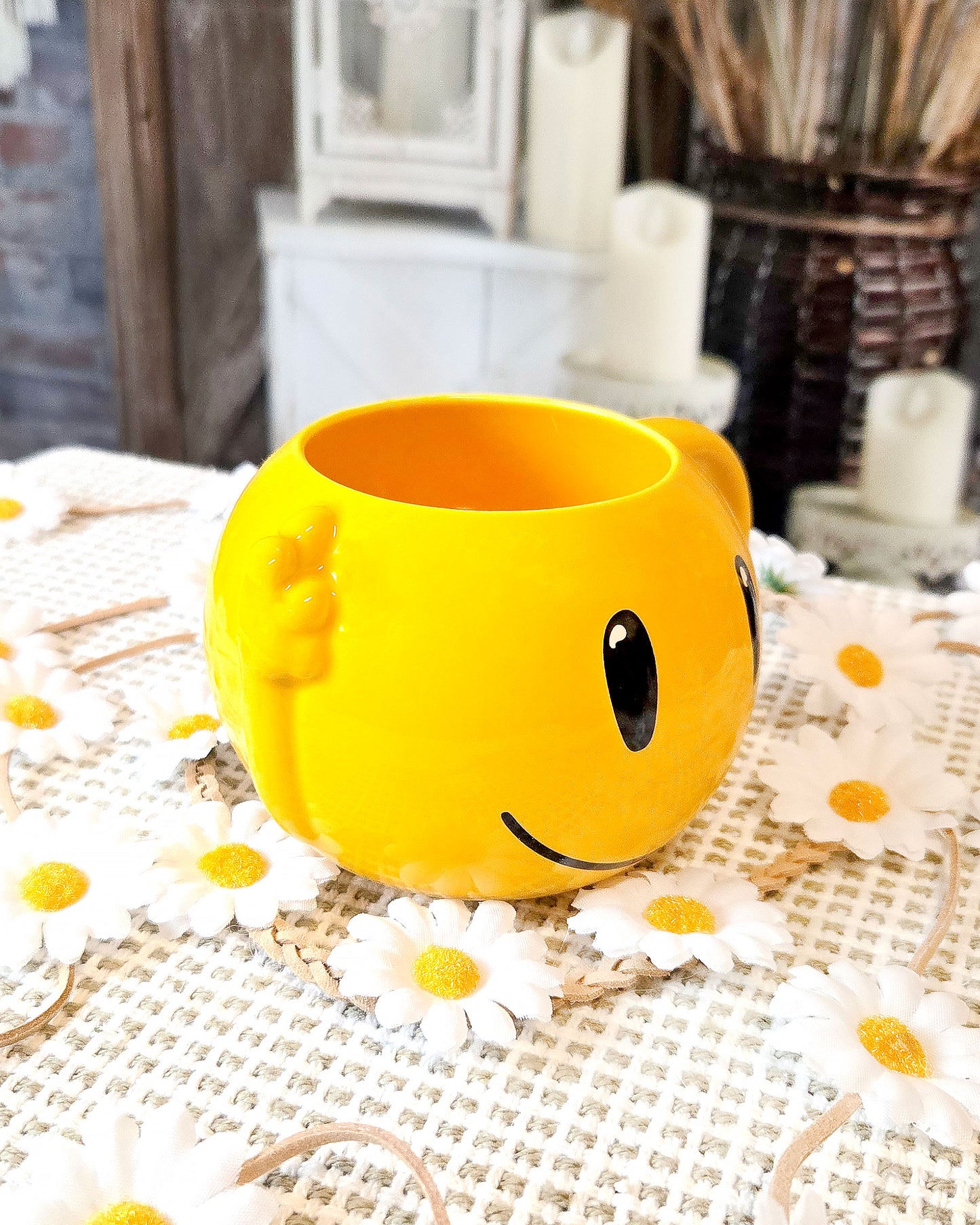 yellow smile face coffee mug side
