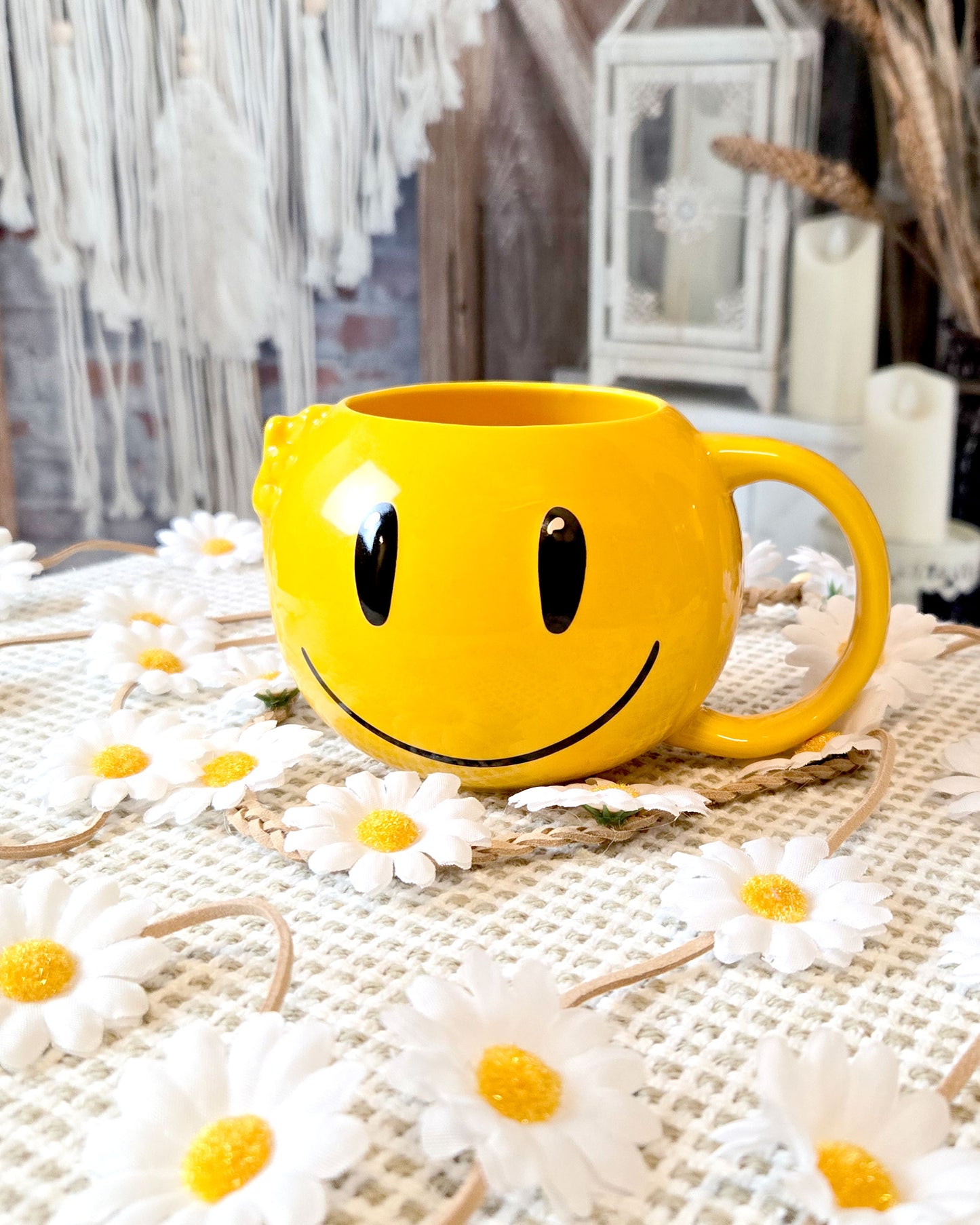 yellow smile face coffee mug front