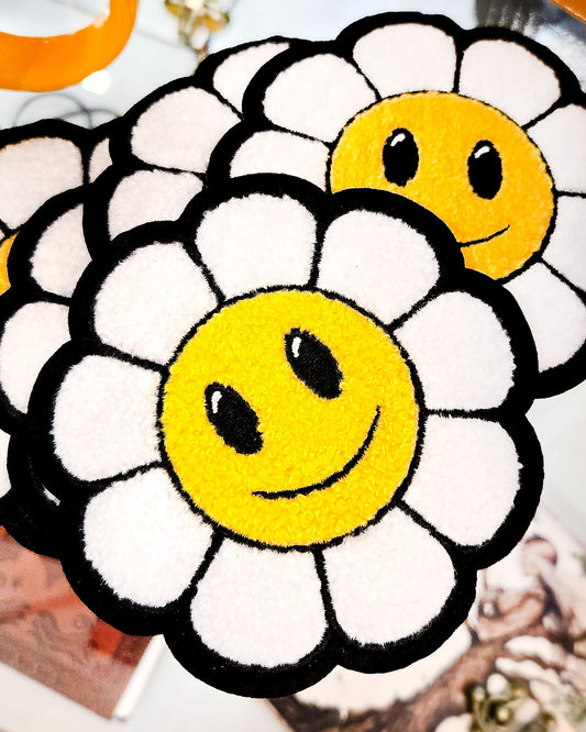 smile face daisy flower chenille patch