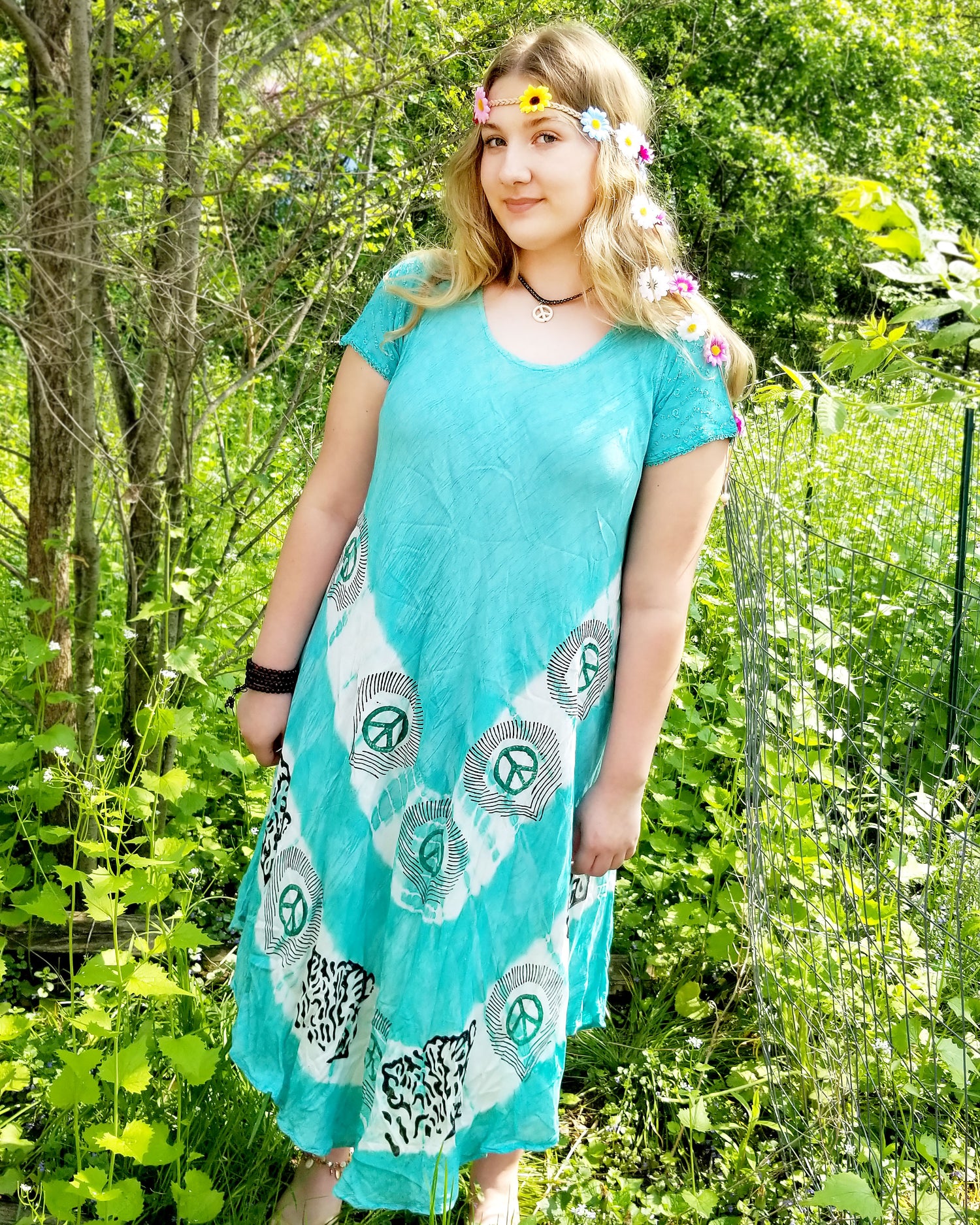 teal peace sign summer dress for women at the boho hippie hut 