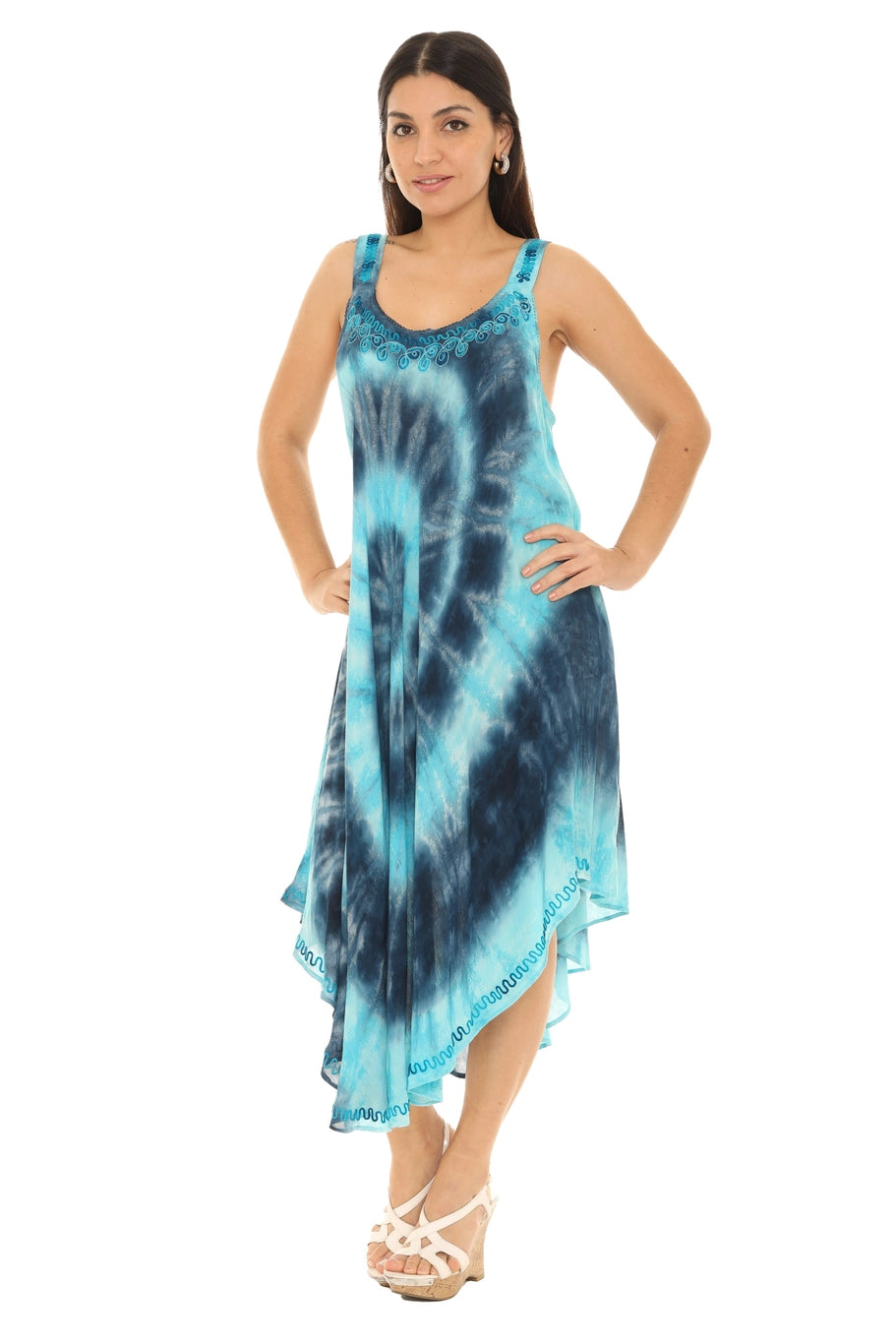 two tone blue tank top style tie dye dress with embroidery