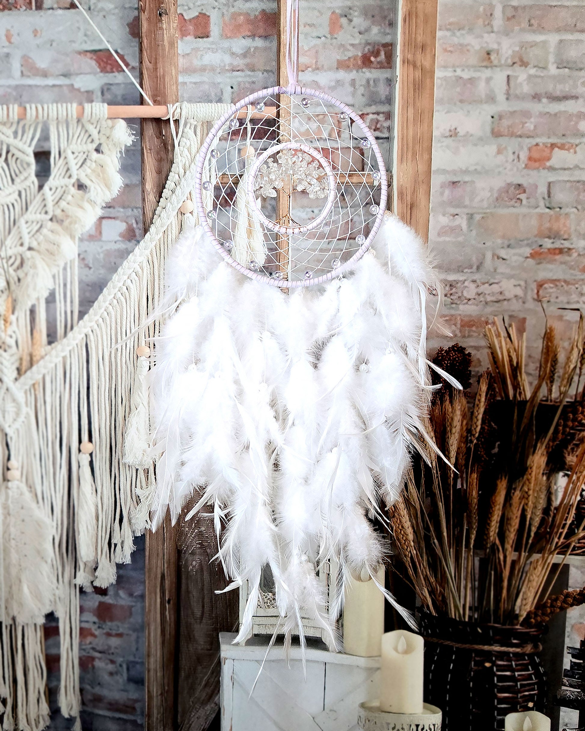 boho hippie home décor light purple and white tree of life dream catcher with feathers