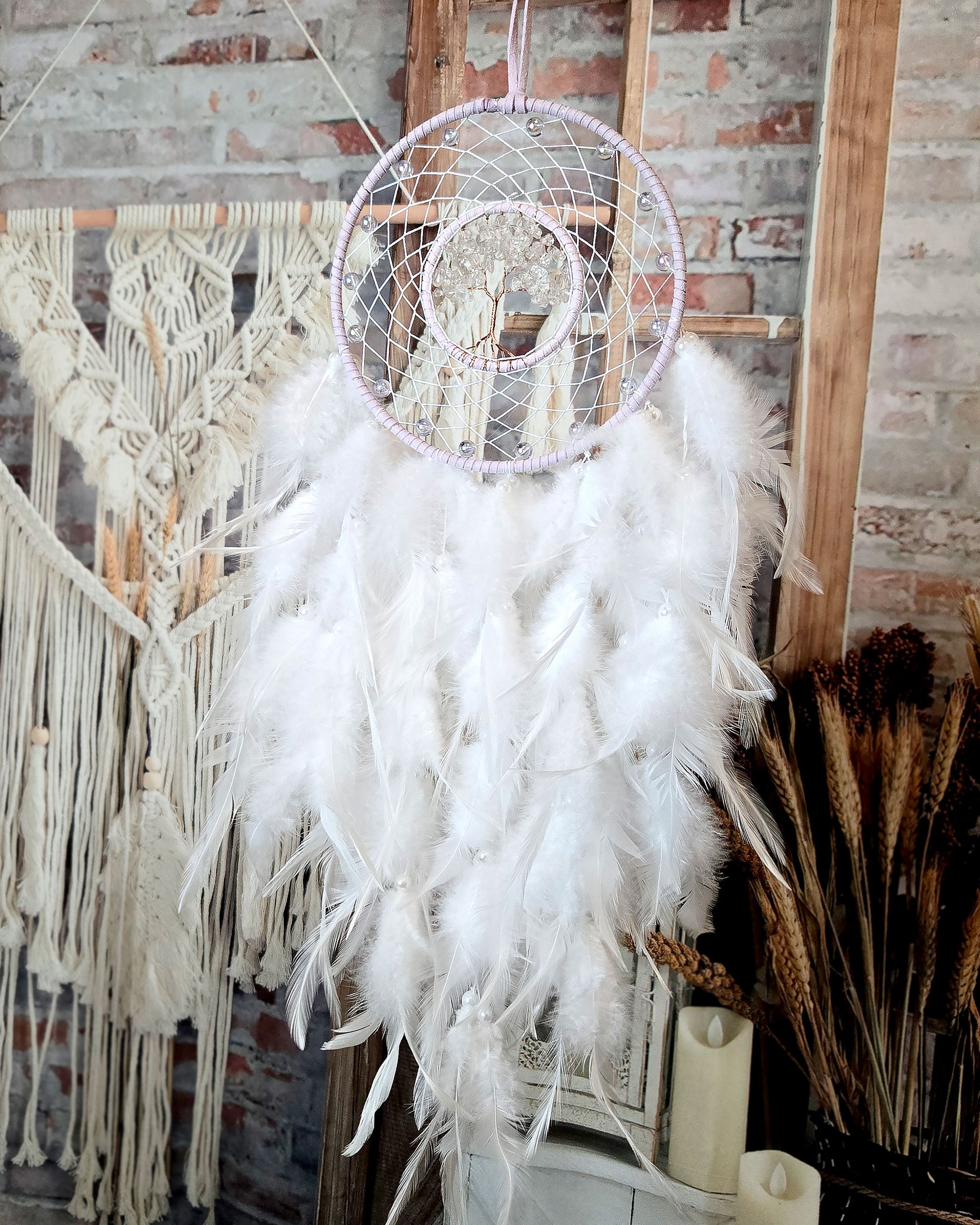 boho home décor light purple and white tree of life dream catcher with feathers