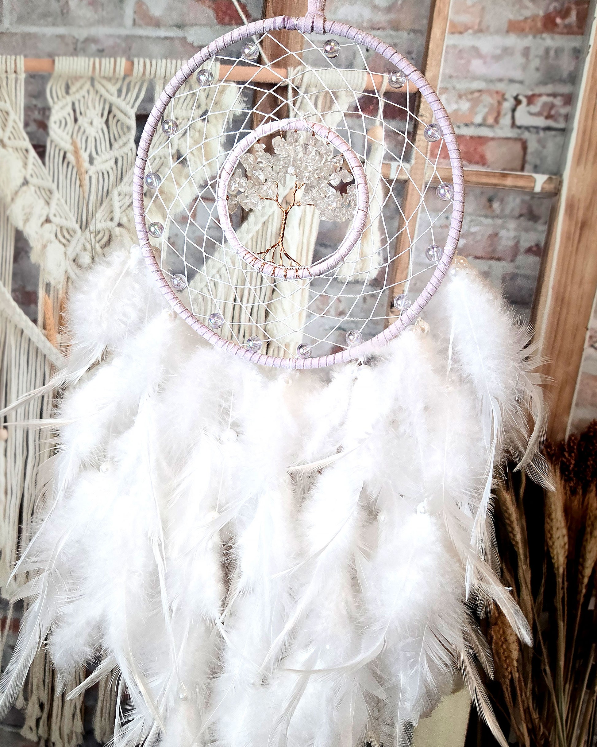 light purple and white tree of life feather dream catcher hippie room decor