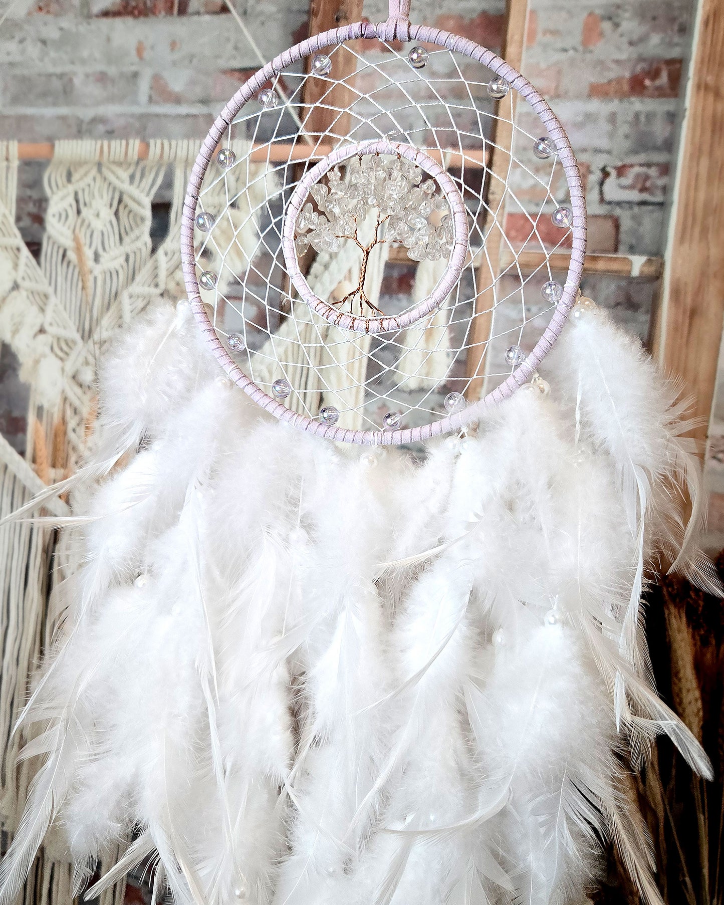 light purple and white tree of life dream catcher with feathers boho hippie home décor