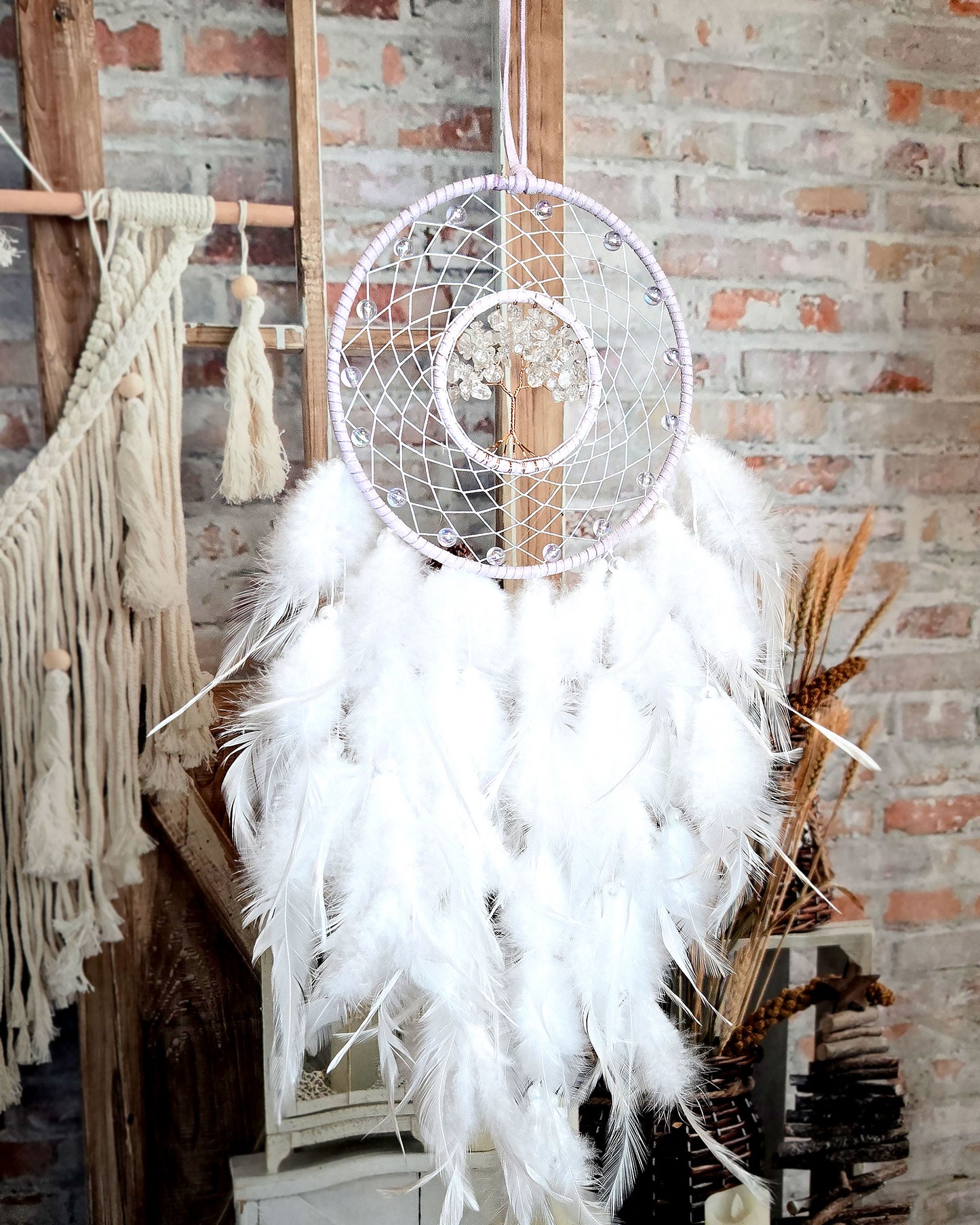 boho hippie home décor light purple and white tree of life feather dream catcher