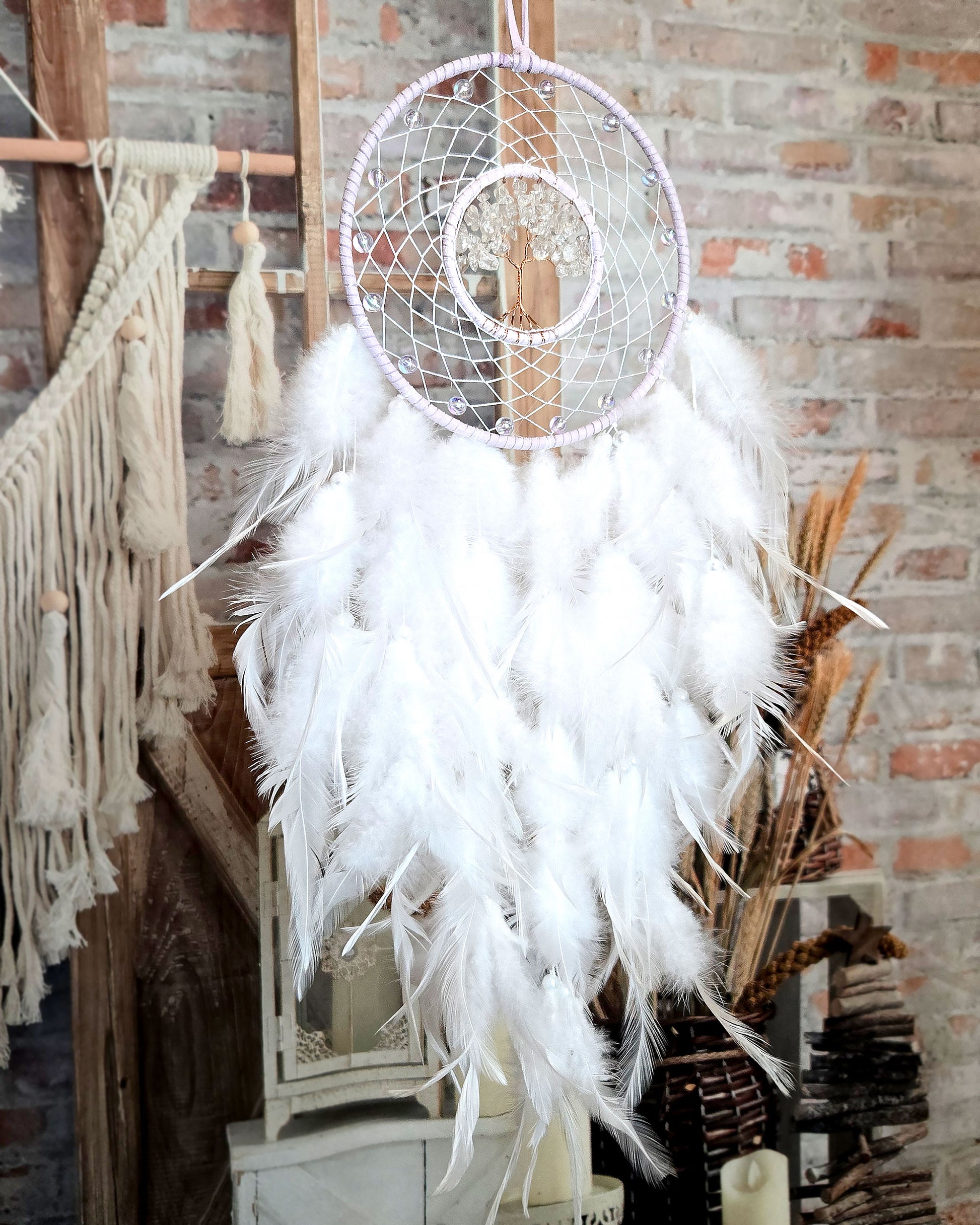 light purple and white tree of life dream catcher with feathers boho hippie home décor