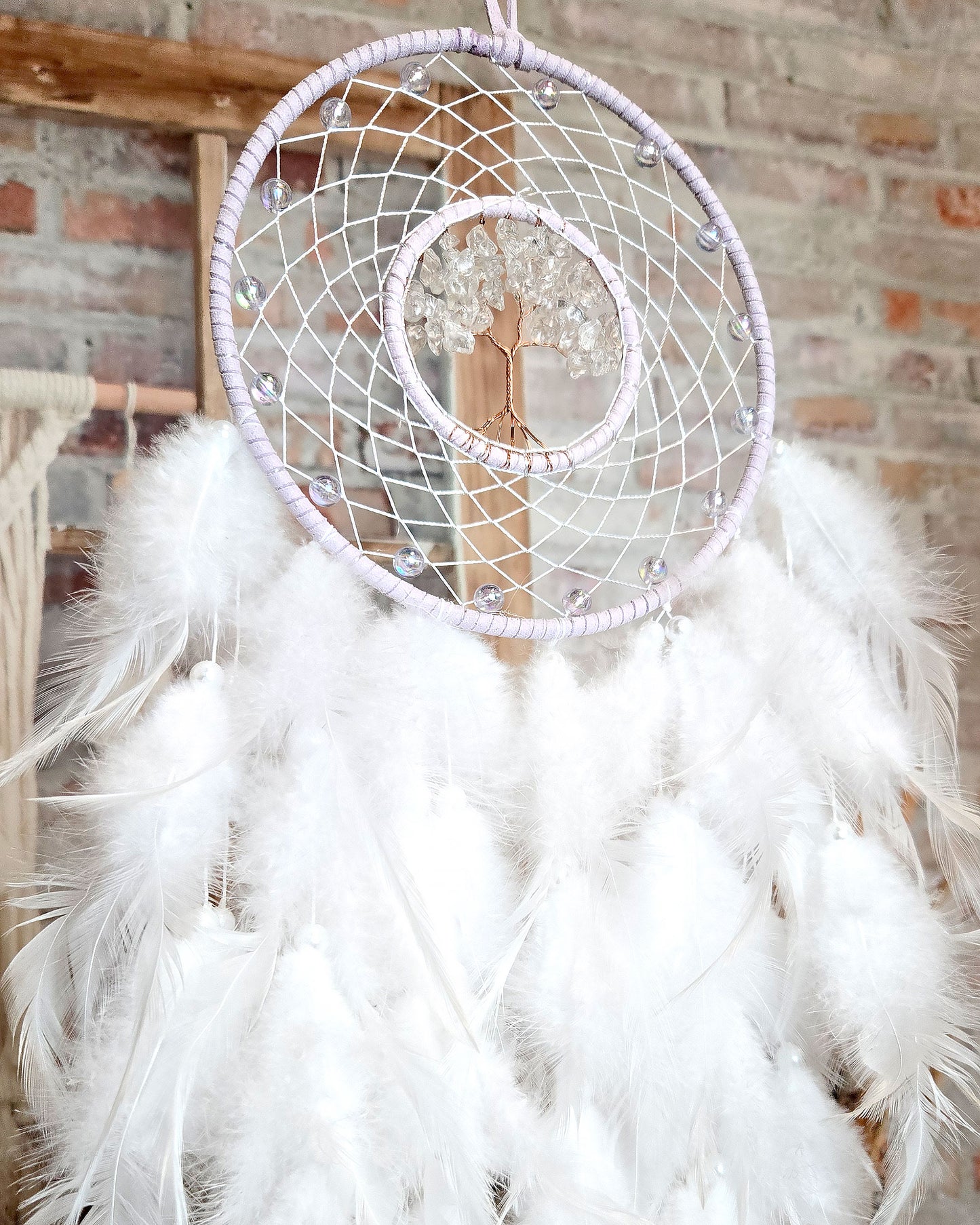 light purple and white tree of life dream catcher with feathers boho hippie bedroom décor