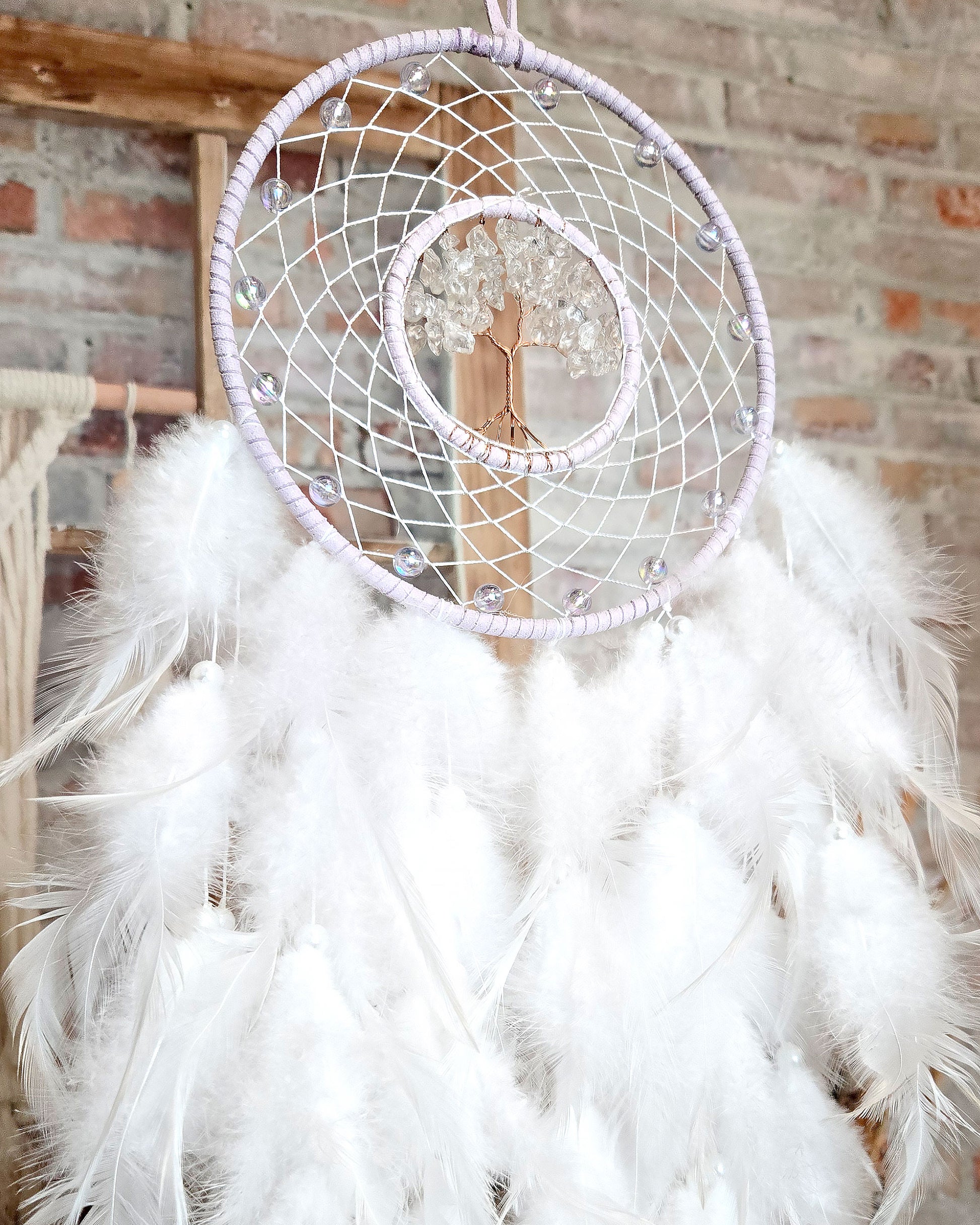 light purple and white tree of life dream catcher with feathers boho hippie bedroom décor