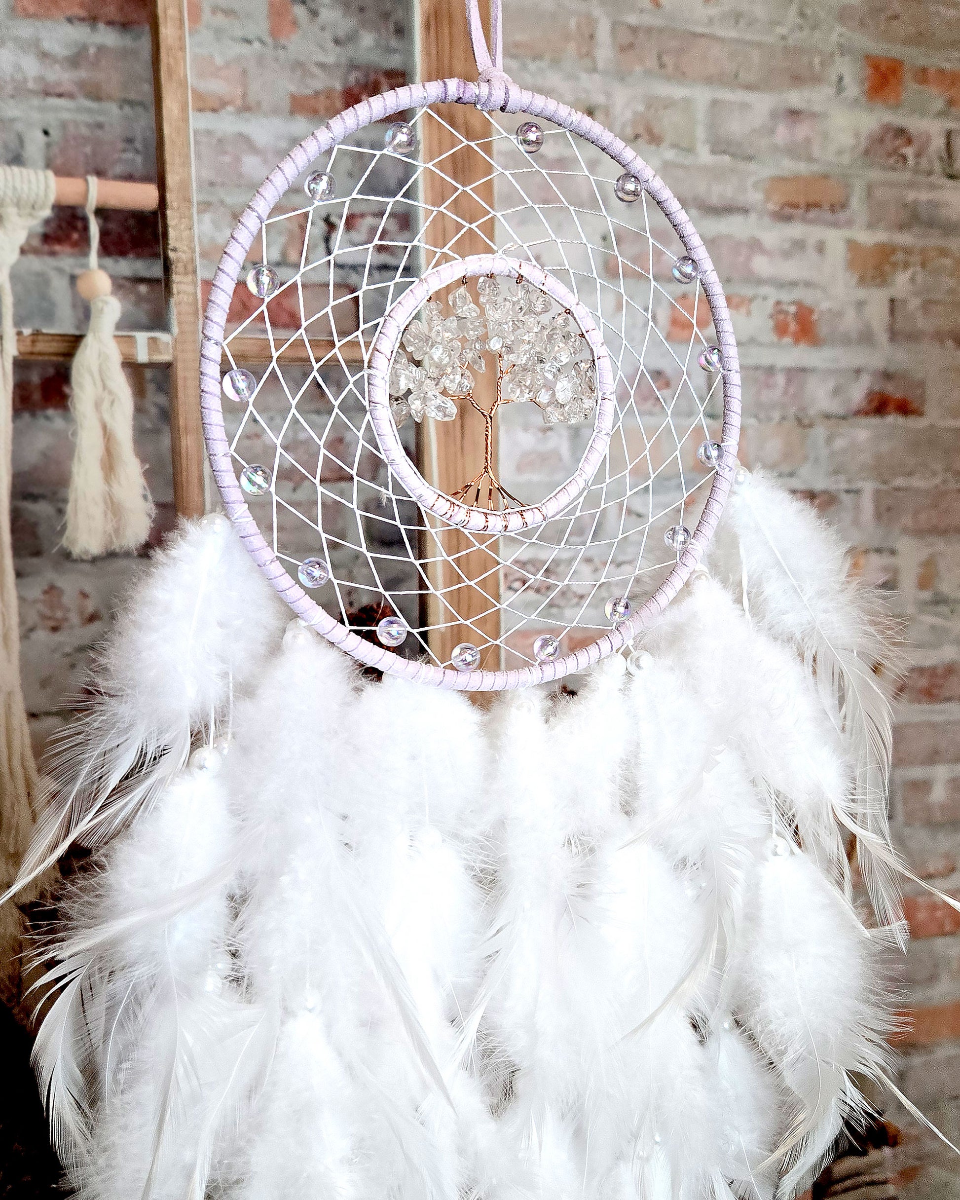 hippie home décor light purple and white tree of life dream catcher with feathers